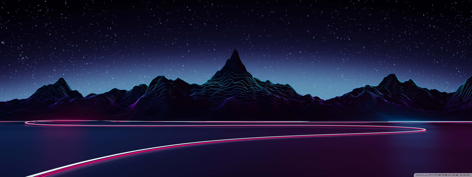 A Night Sky With A Neon Light And Mountains Background
