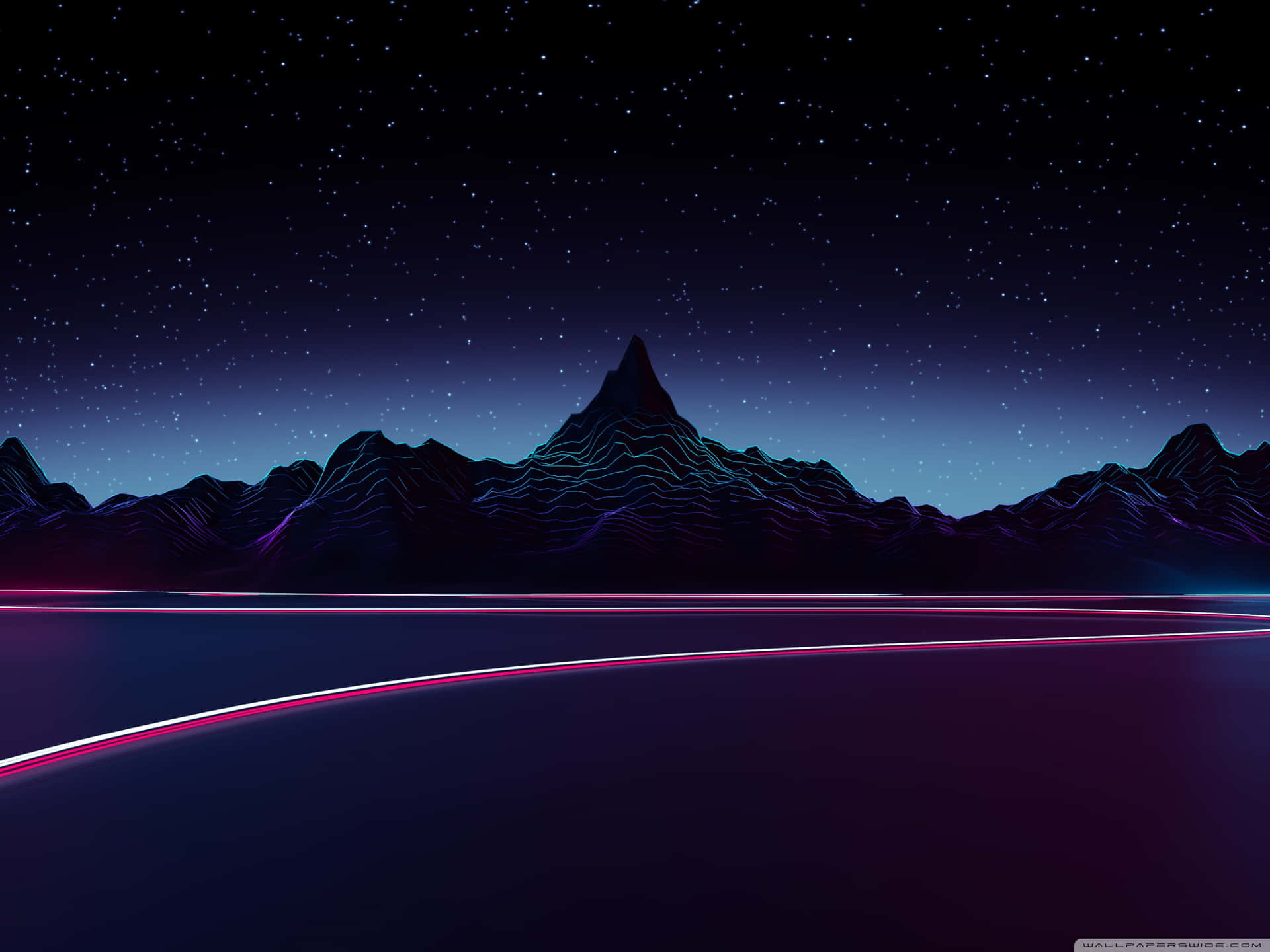 A Night Sky With Neon Lights And Mountains
