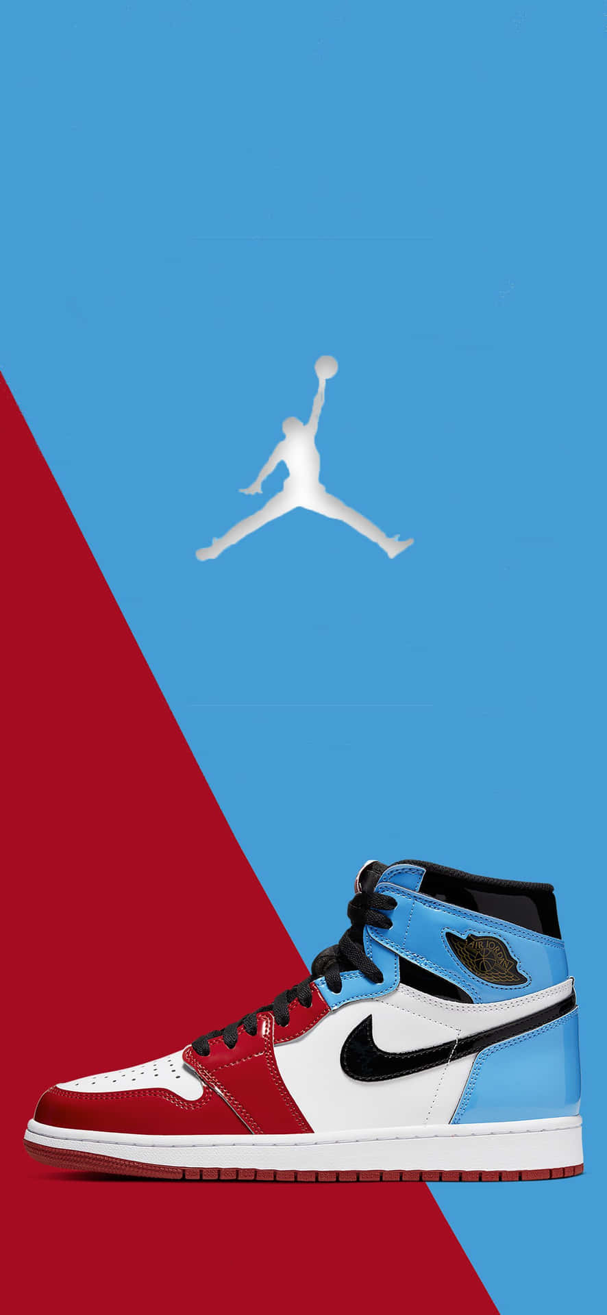 A Nike Air Jordan 1 Is Shown On A Red, Blue And White Background Background