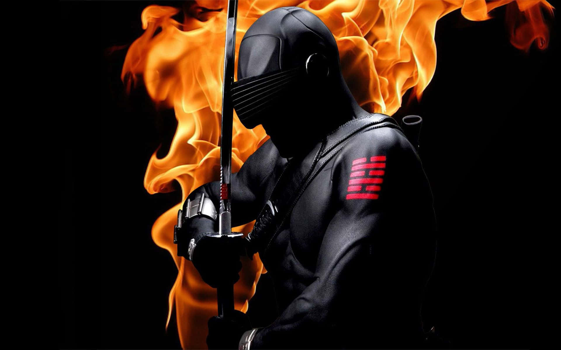 A Ninja Holding A Sword In Front Of Fire Background