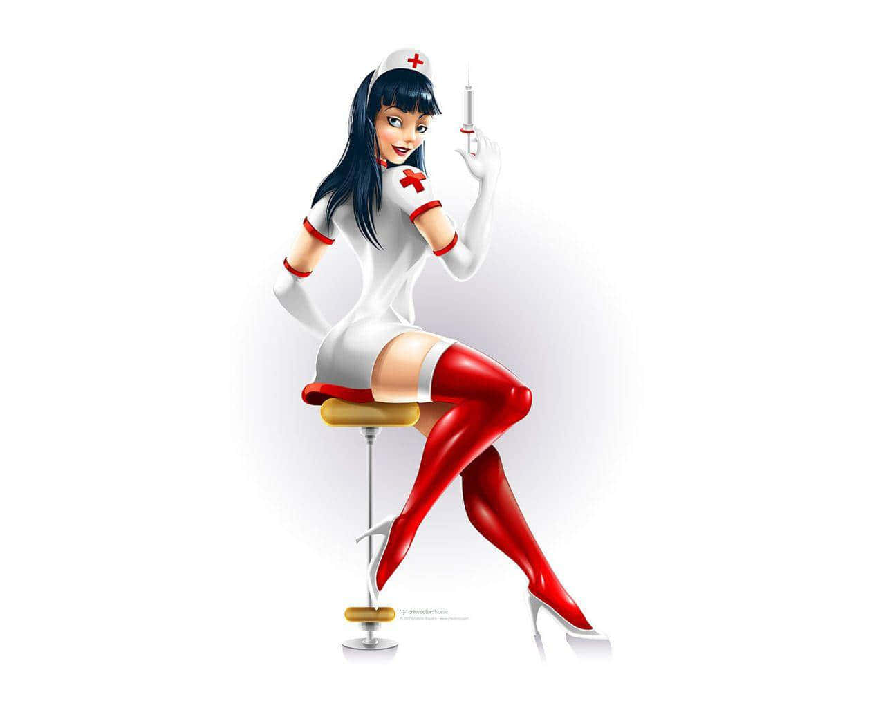 A Nurse Sitting On A Stool With A Syringe Background