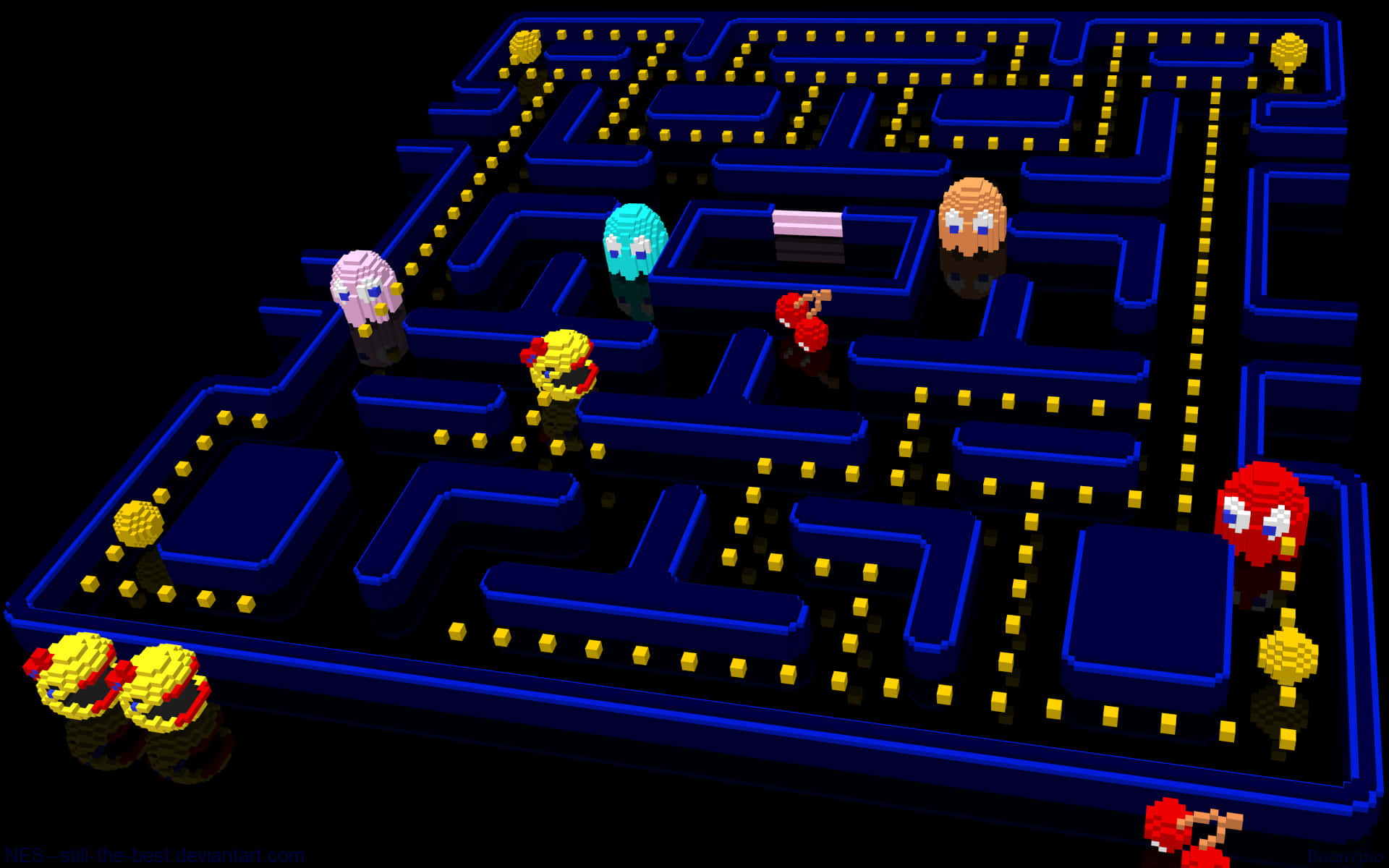 A Pac Man Game With A Few Characters Background