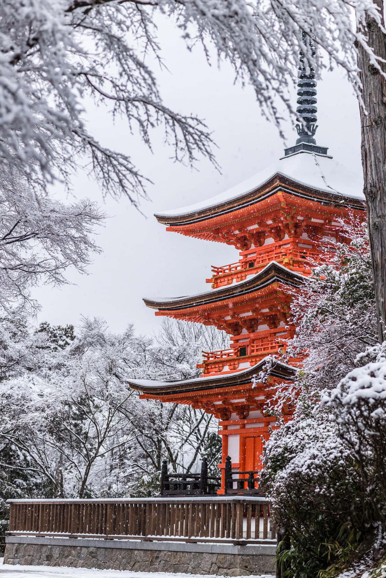 A Pagoda In The Snow With Trees Surrounding It Background