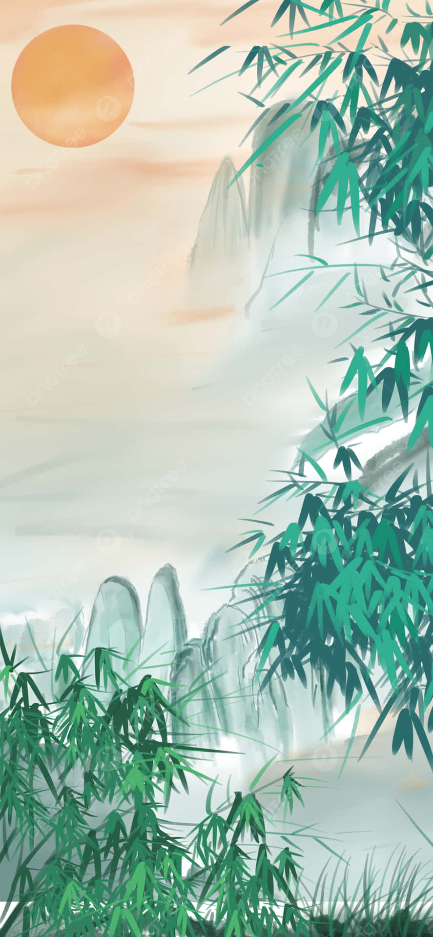 A Painting Of A Bamboo Forest With Mountains Background