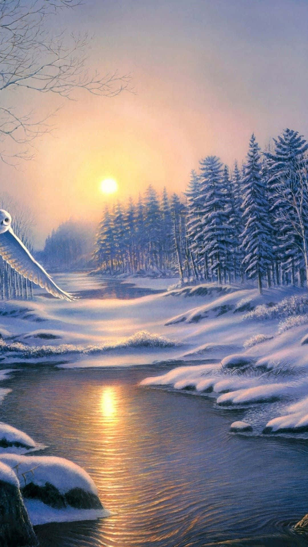 A Painting Of A Bird Flying Over A Snowy River