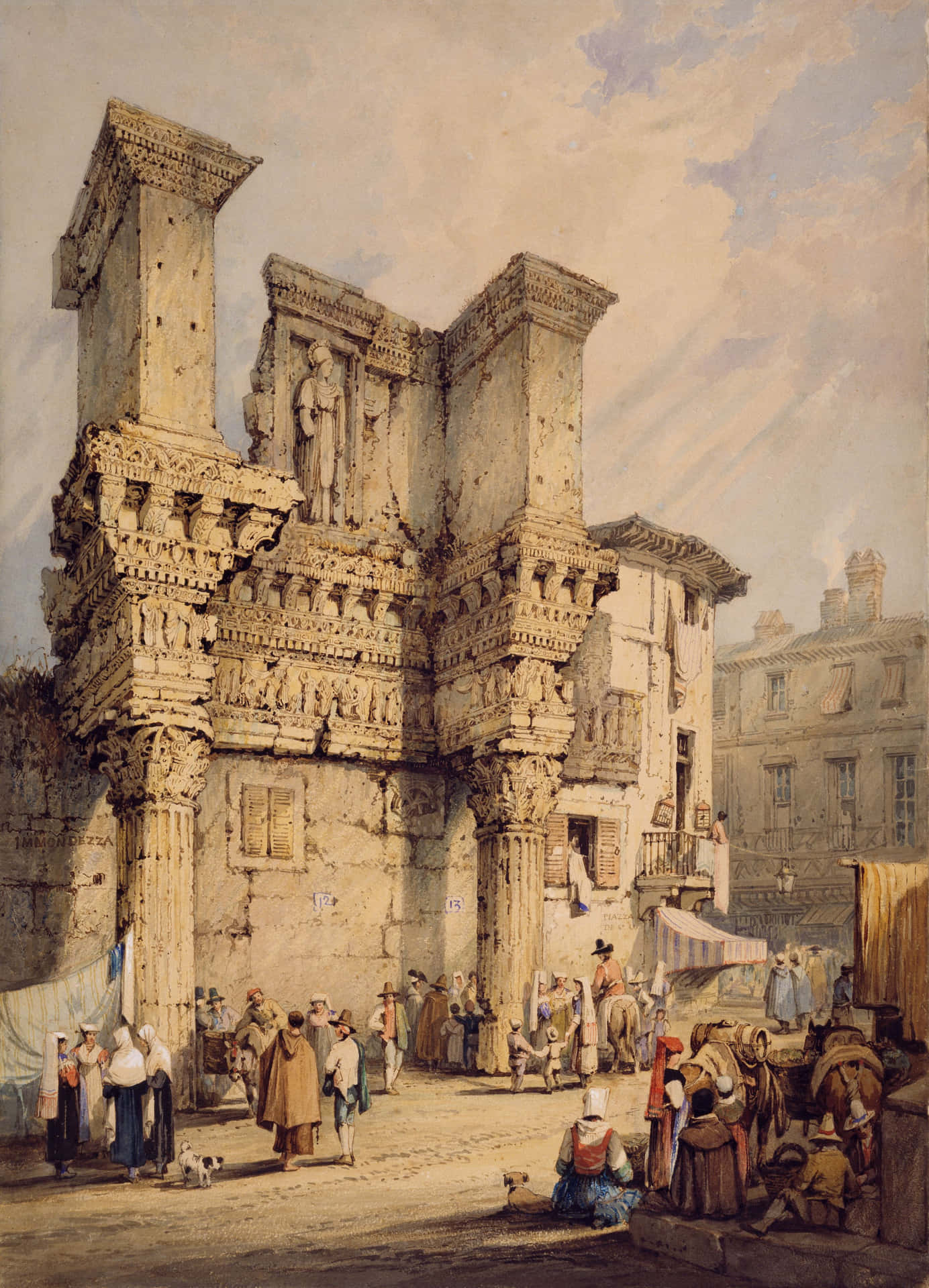 A Painting Of A Building With People Background