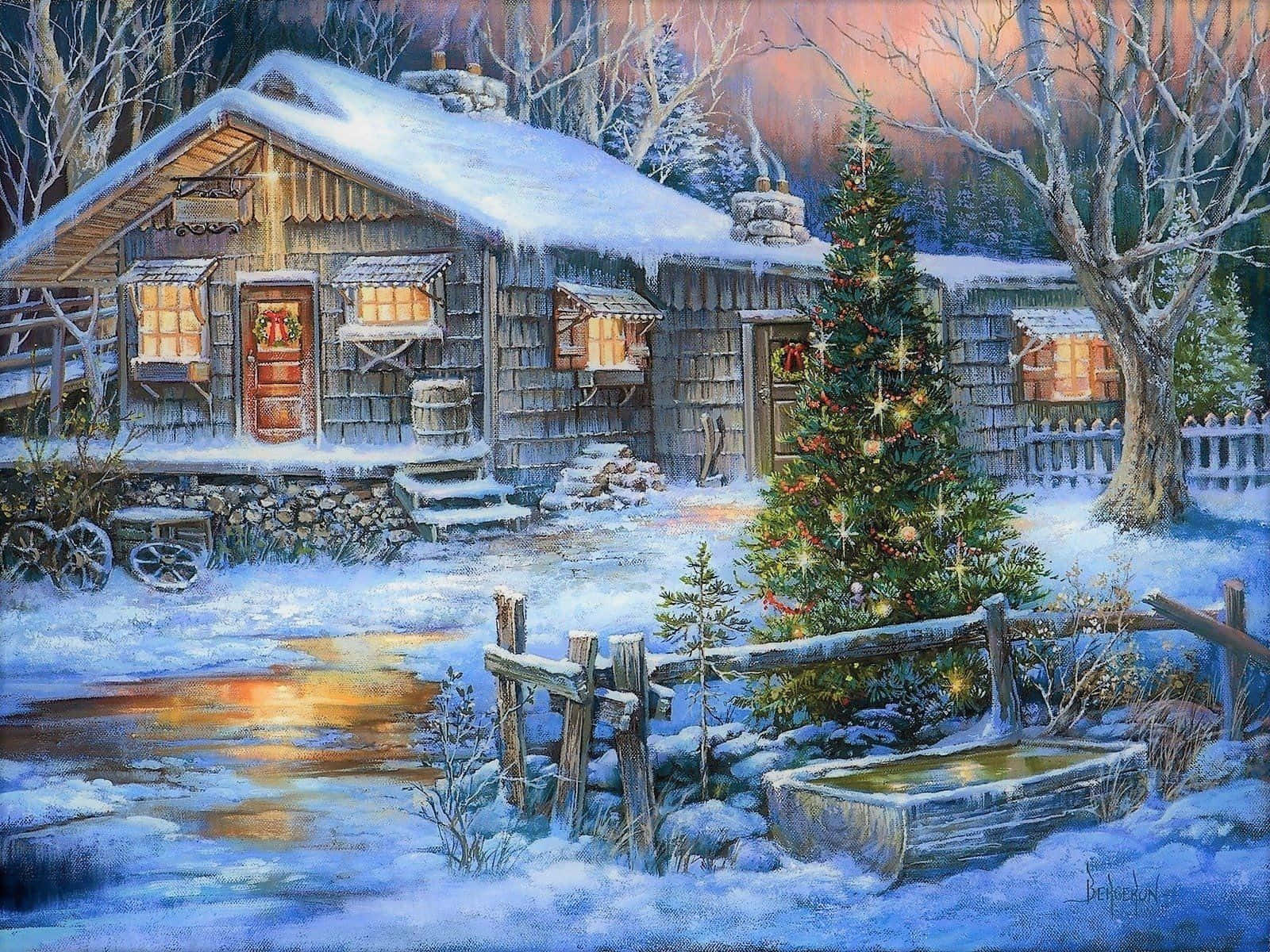 A Painting Of A Cabin In The Snow Background