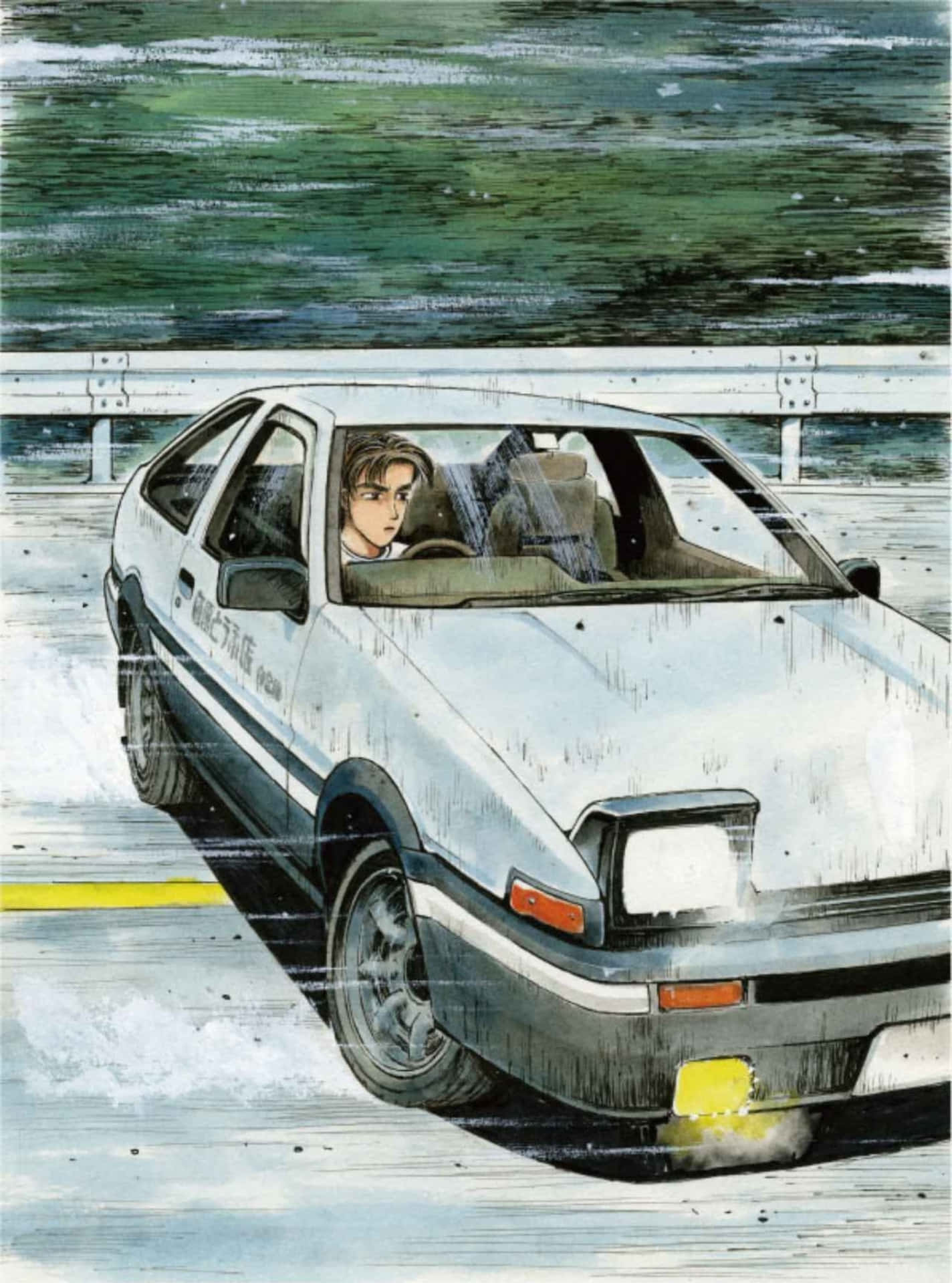 A Painting Of A Car Driving Down The Road Background