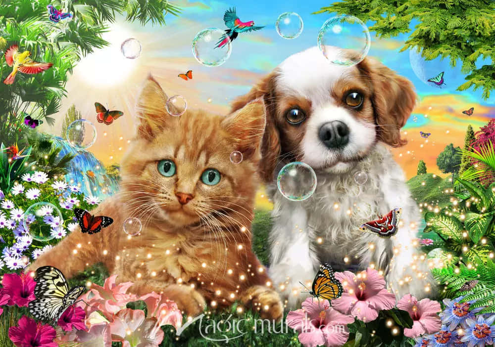 A Painting Of A Cat And A Dog In A Garden Background