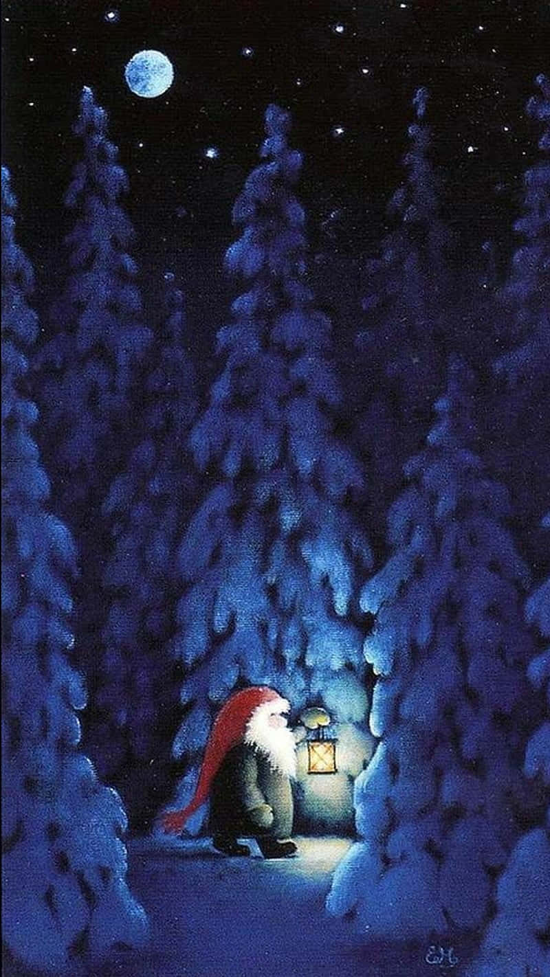 A Painting Of A Cat In The Snow With A Lantern Background