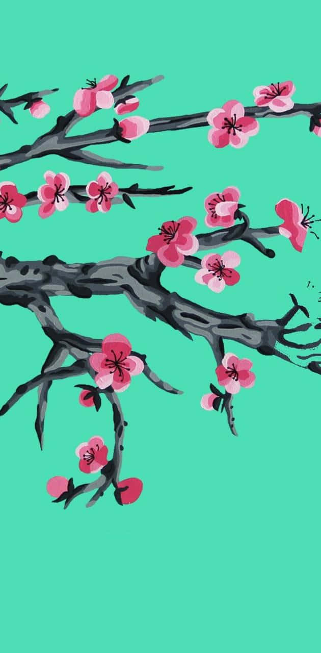 A Painting Of A Cherry Blossom Tree On A Turquoise Background Background