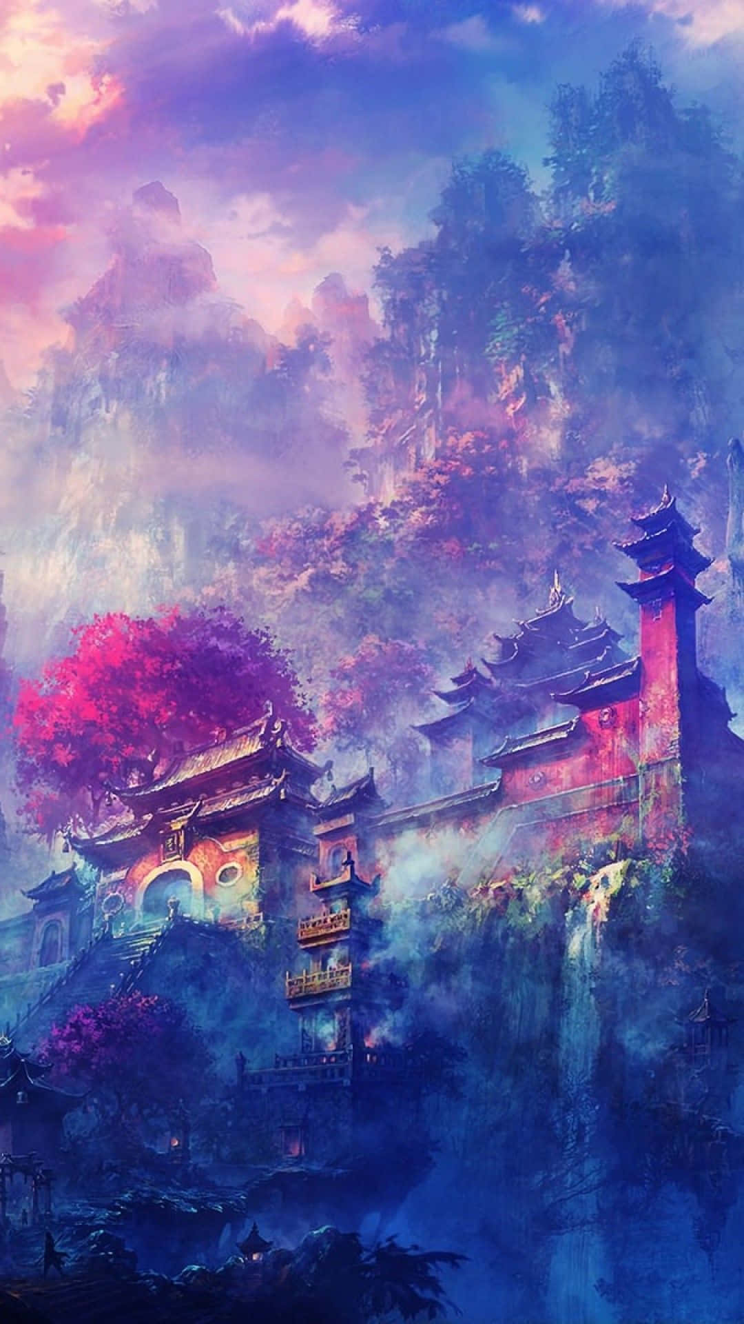 A Painting Of A Chinese Village With A Waterfall Background