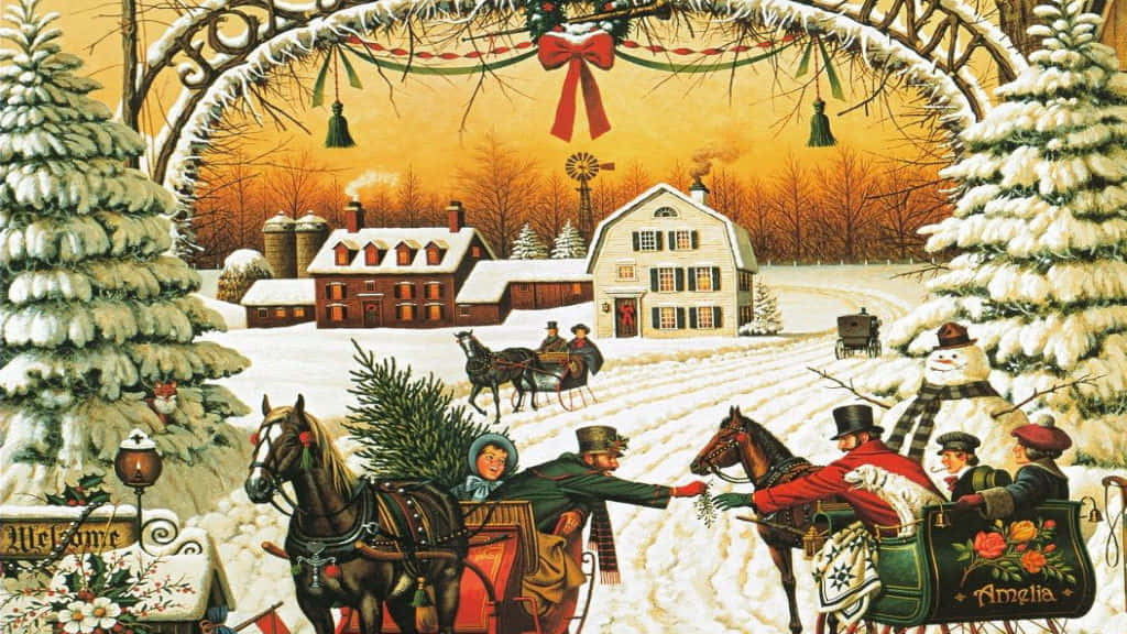 A Painting Of A Christmas Scene With Horses And Carriages Background