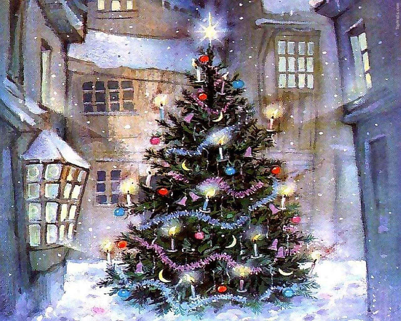 A Painting Of A Christmas Tree In A City Background