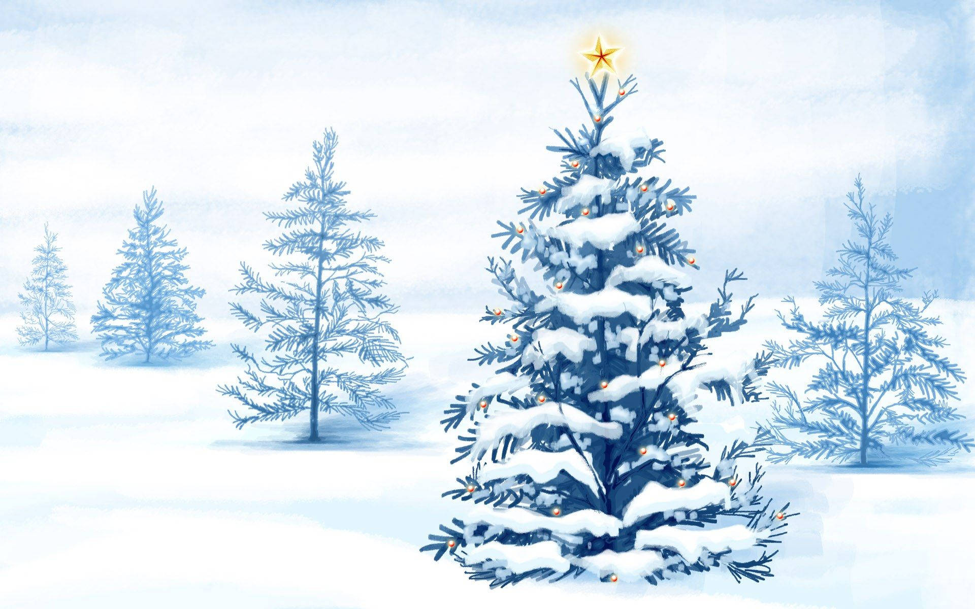 A Painting Of A Christmas Tree In The Snow Background