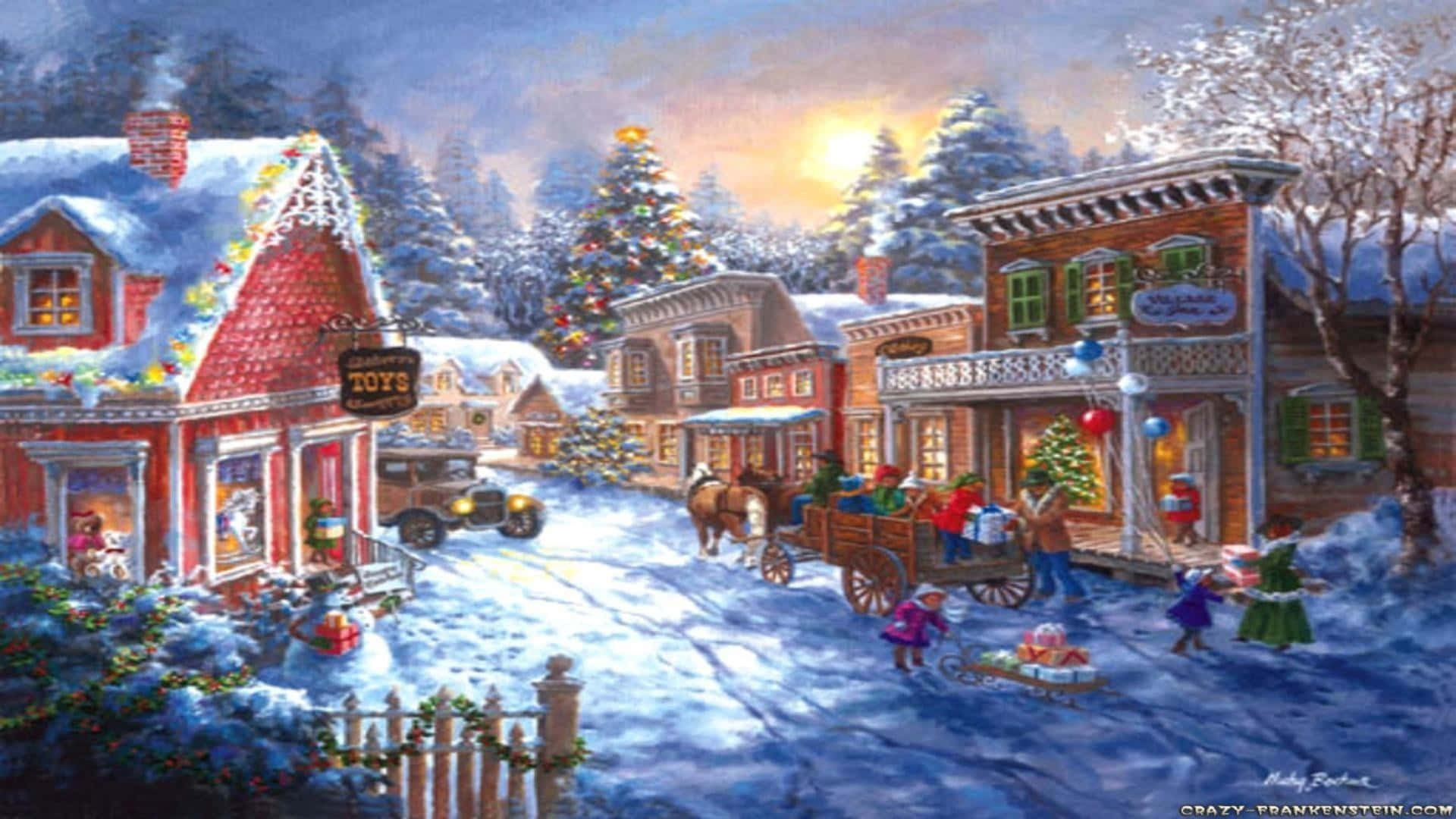 A Painting Of A Christmas Village With People And Carriages Background