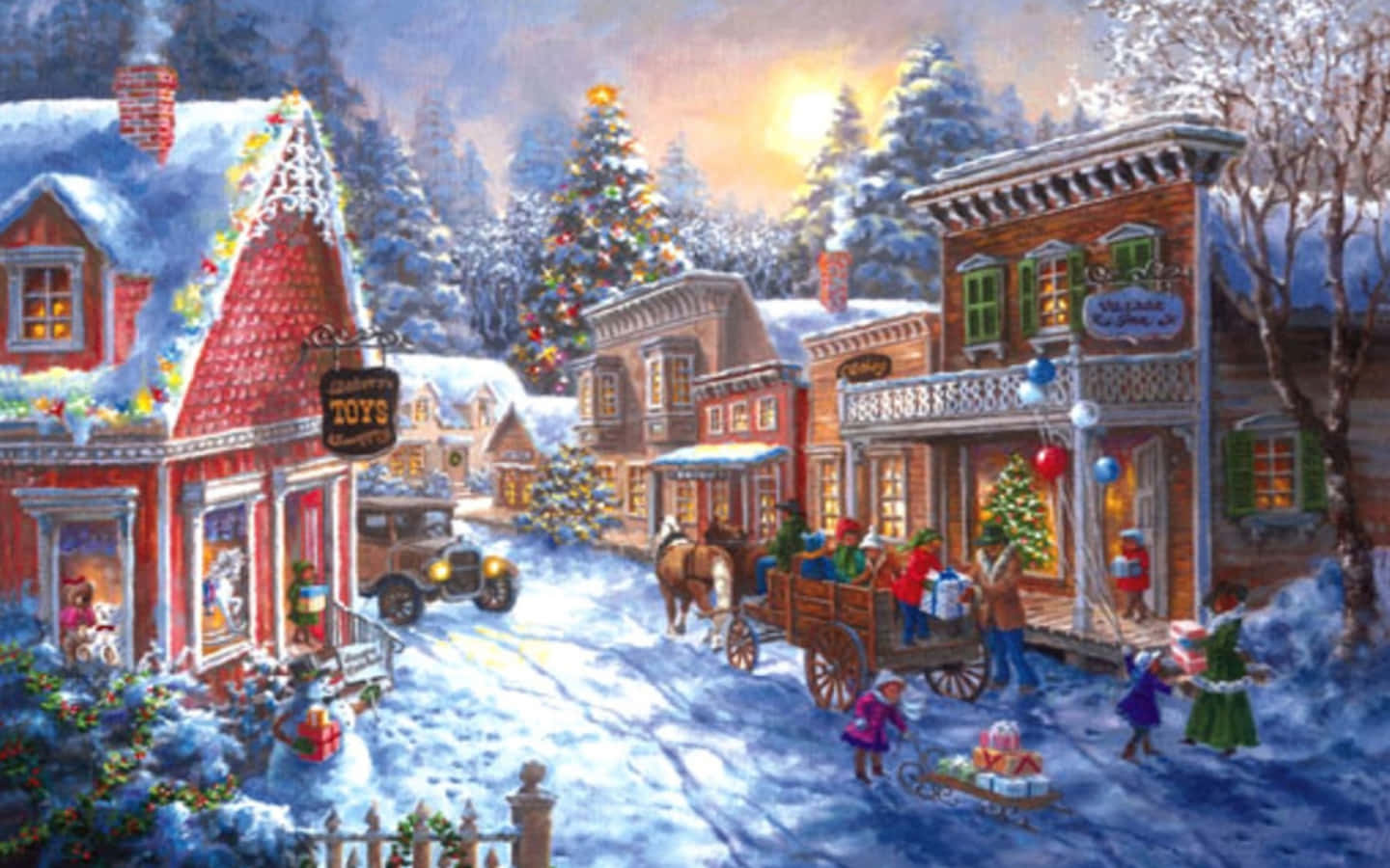 A Painting Of A Christmas Village With People And Carriages Background