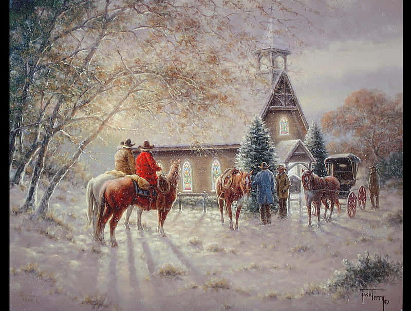 A Painting Of A Church With Horses In Front Of It Background