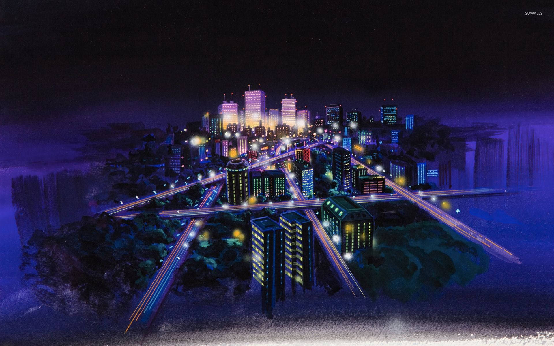 A Painting Of A City At Night Background