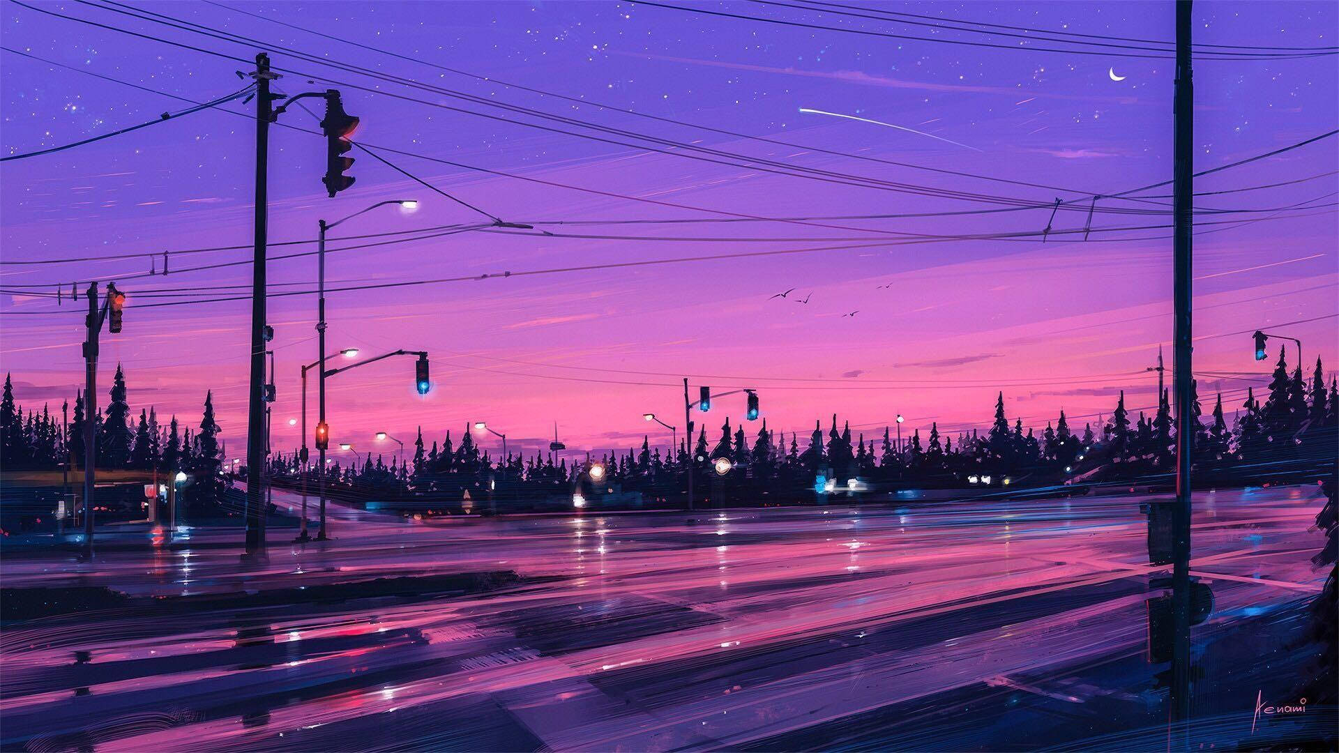 A Painting Of A City At Night With Lights And Wires