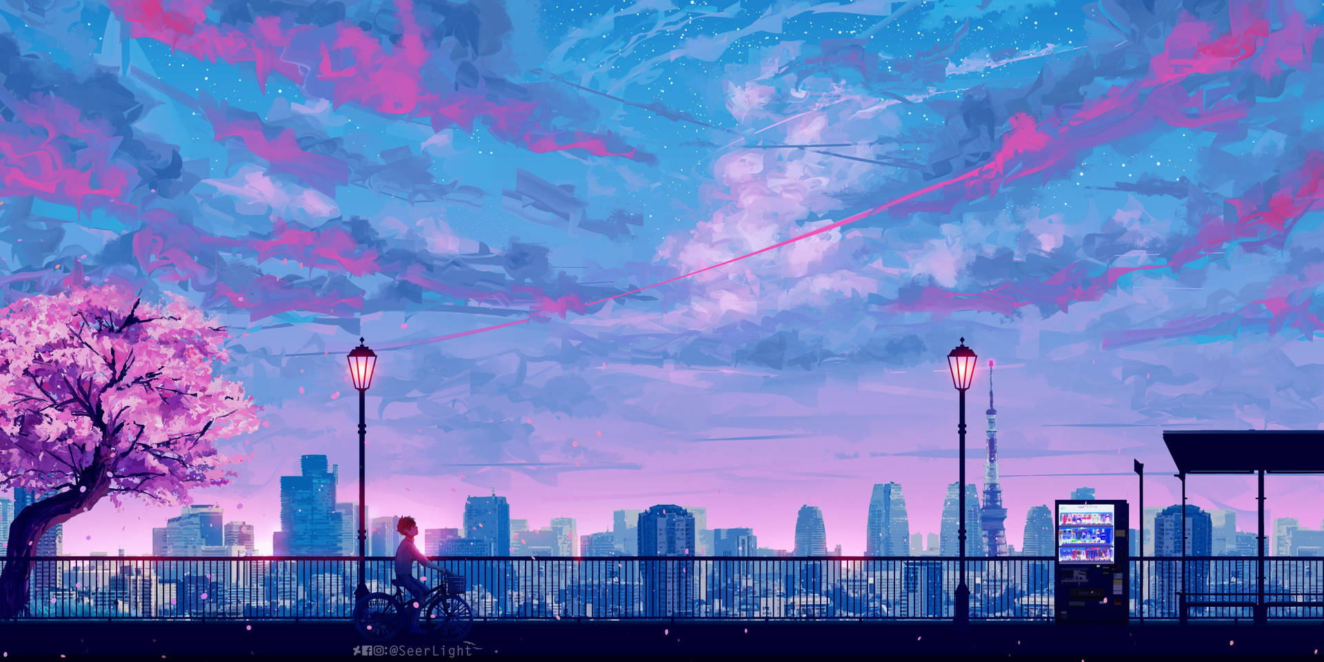 A Painting Of A City With A Pink Sky And Trees