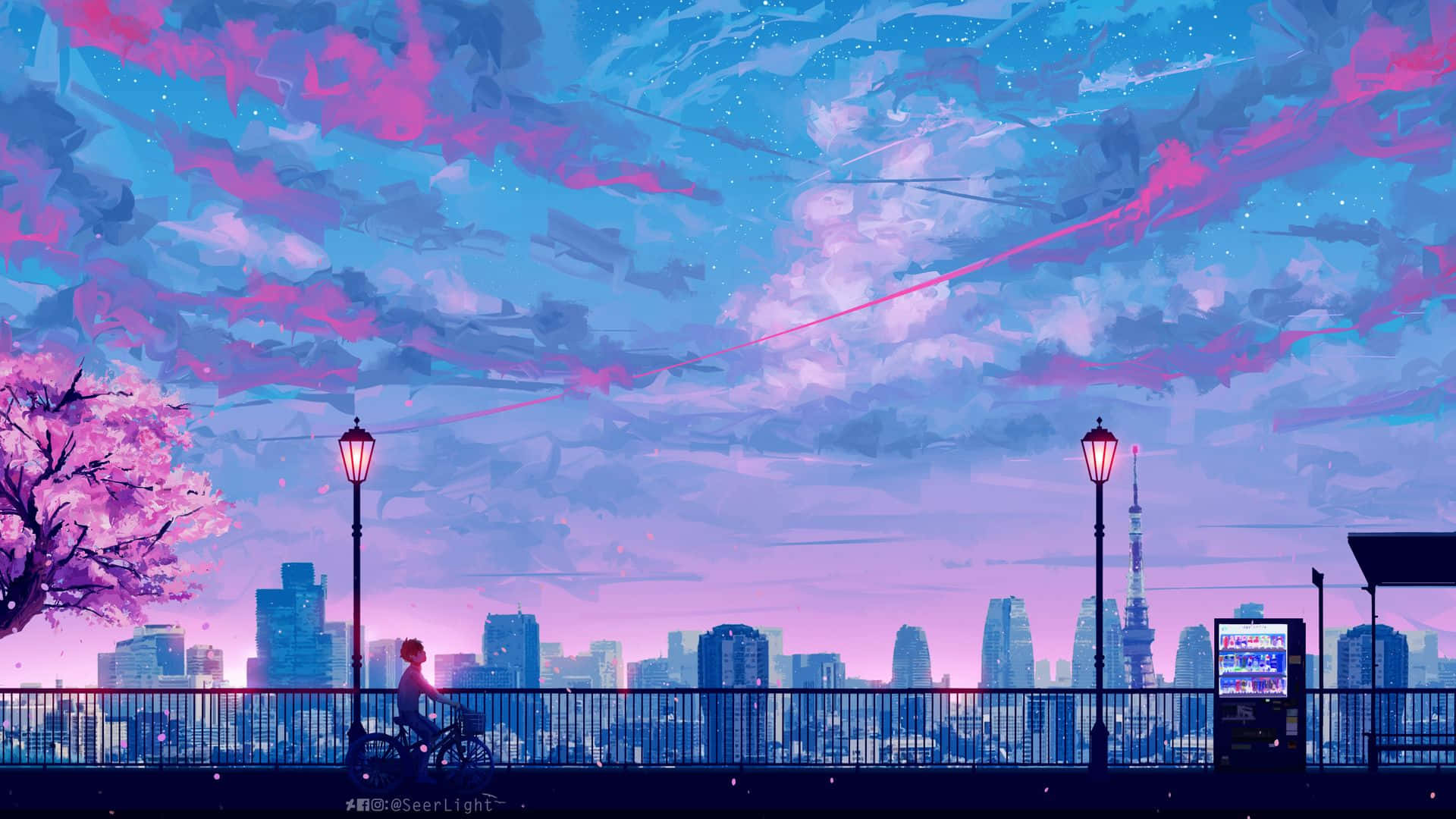 A Painting Of A City With A Pink Sky Background