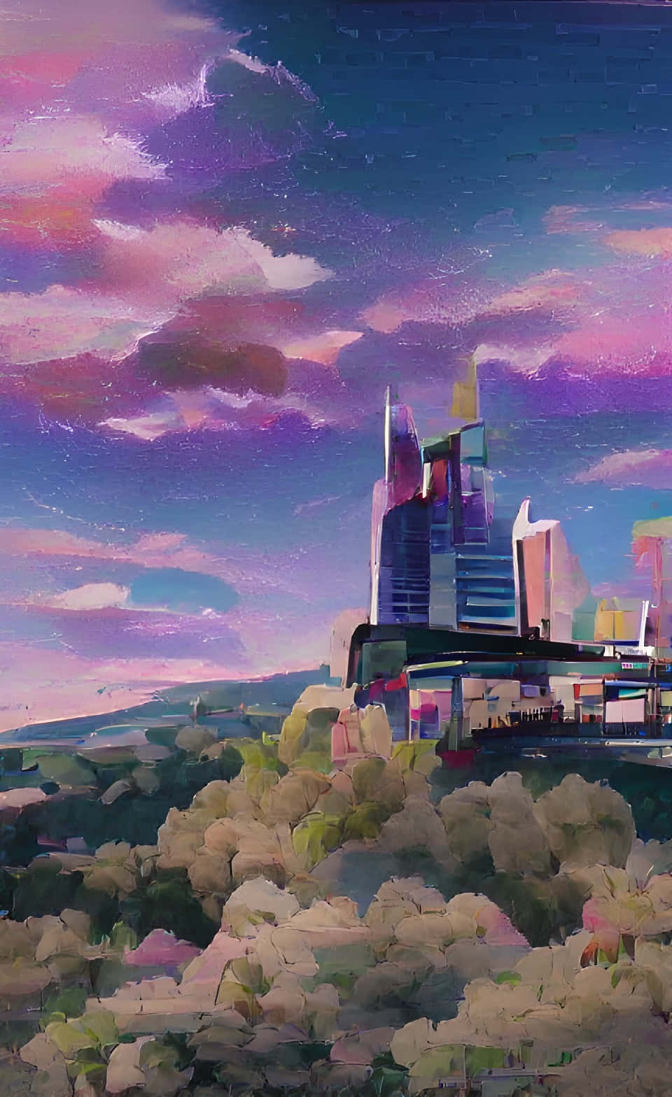 A Painting Of A City With A Purple Sky Background
