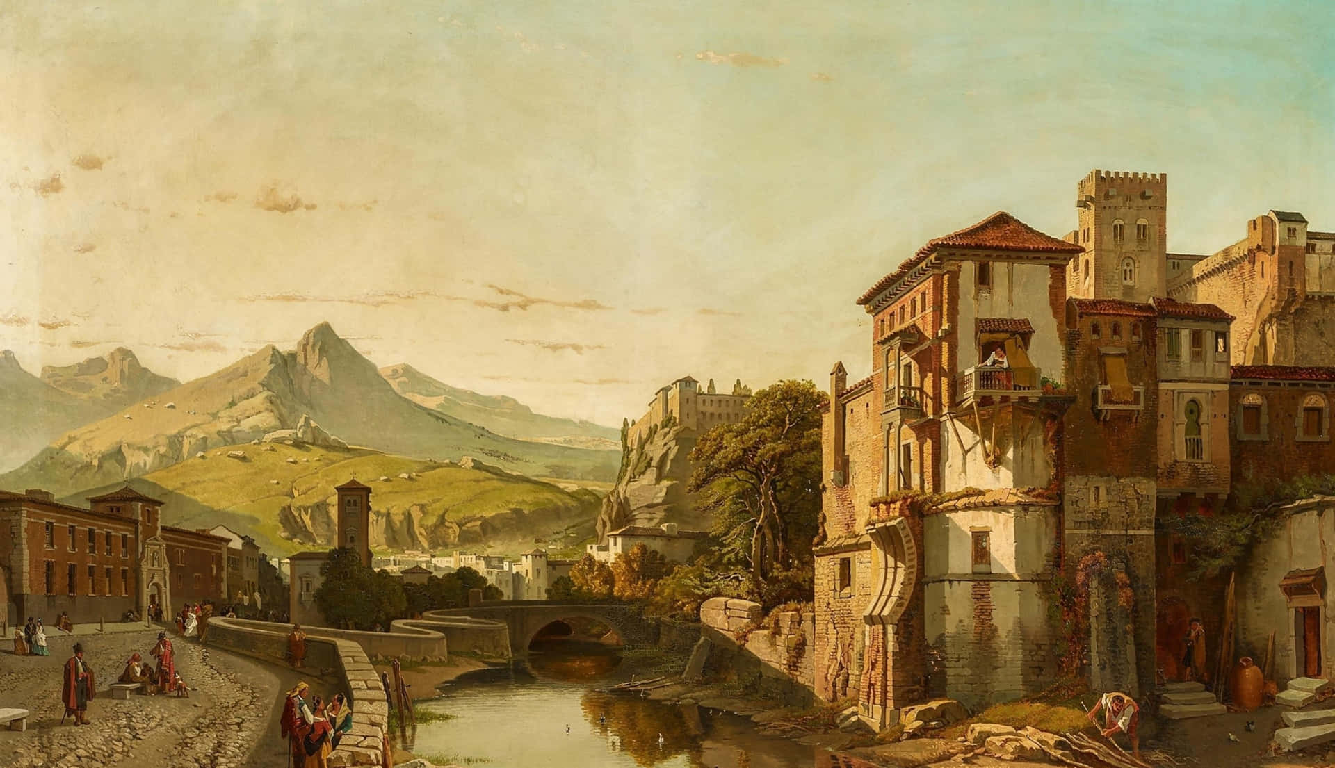 A Painting Of A City With A River And Mountains