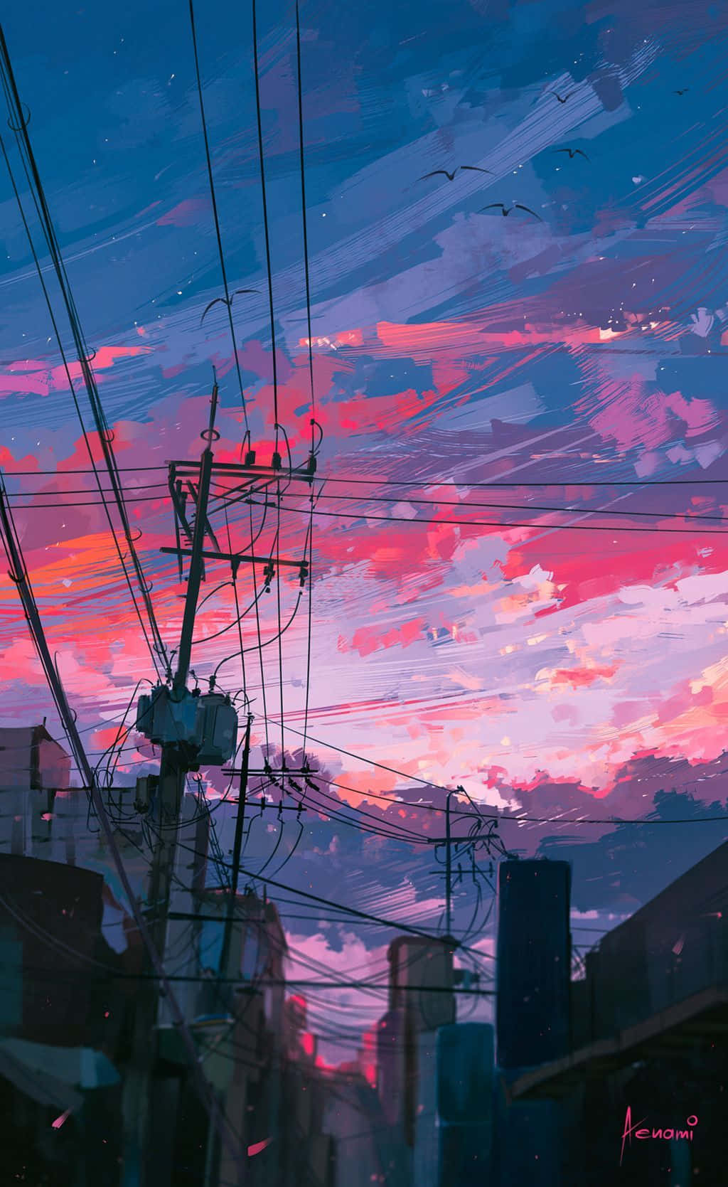 A Painting Of A City With A Sunset