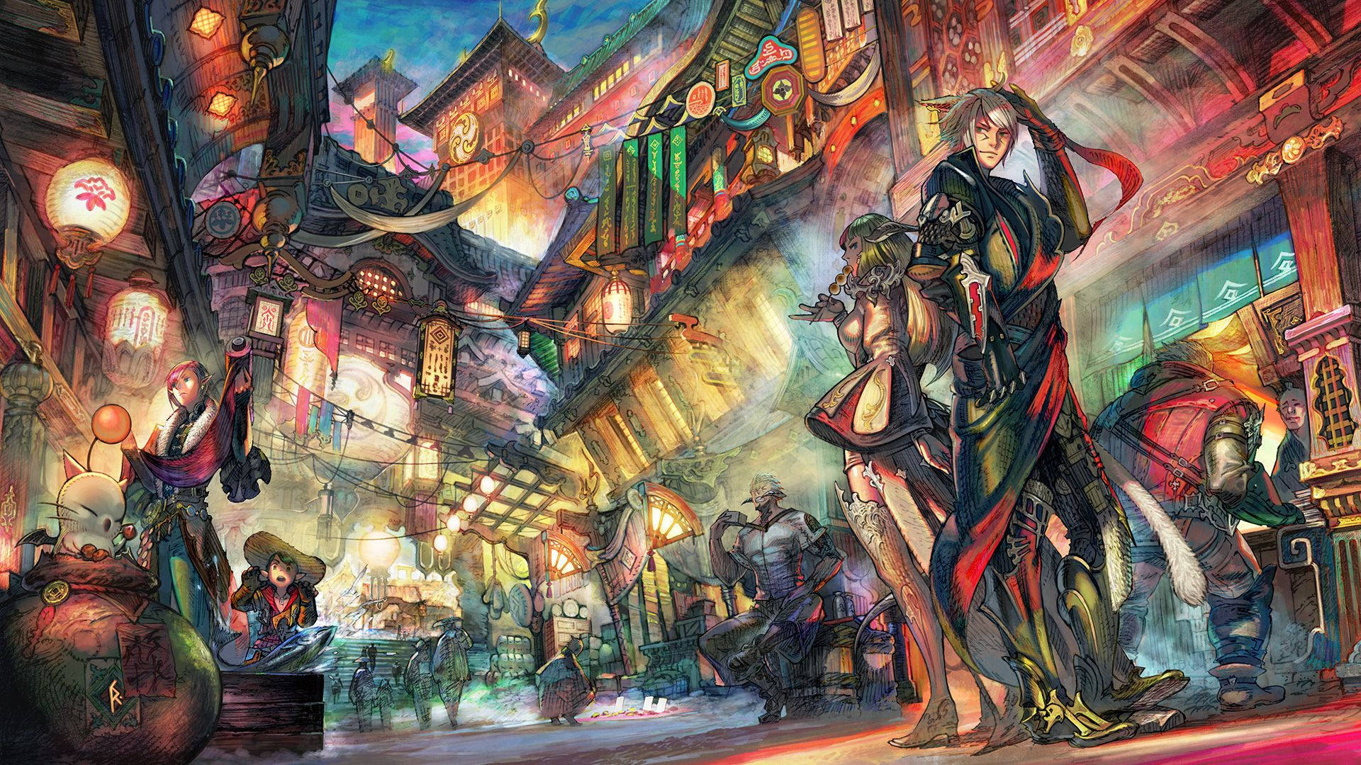 A Painting Of A City With People Walking Around Background