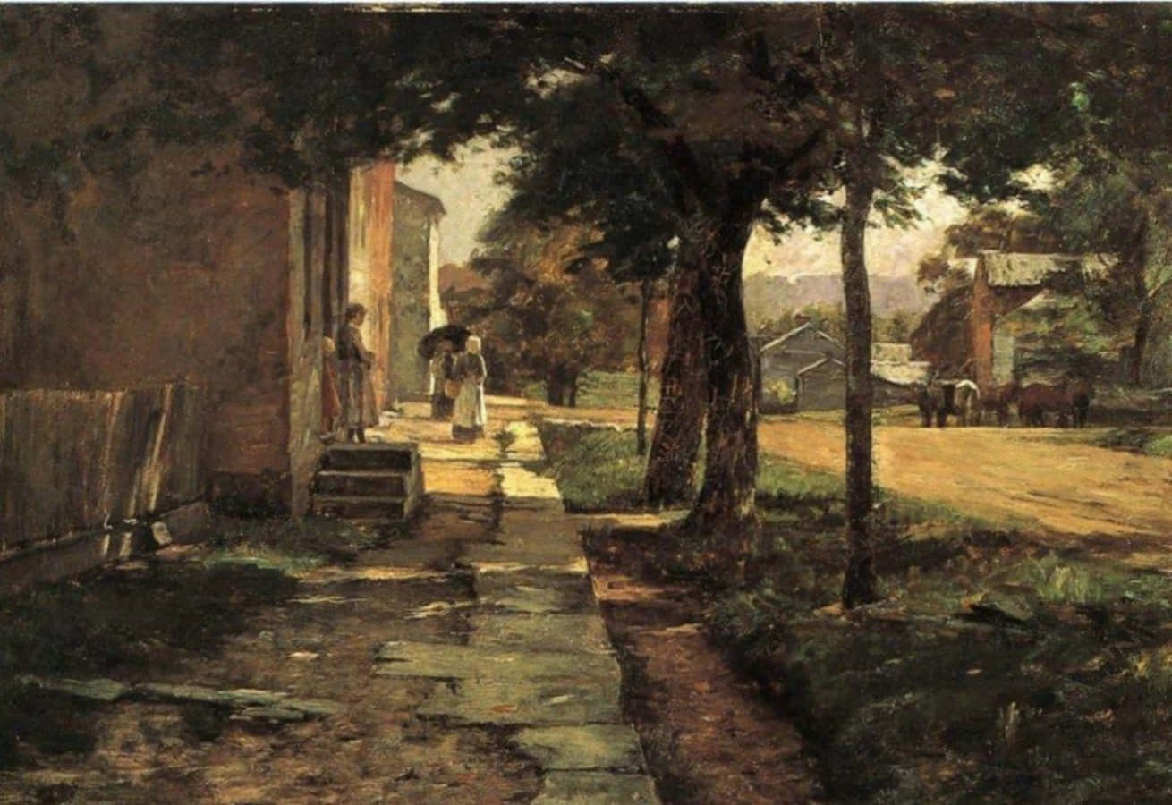 A Painting Of A Country Road With People Walking Down It Background