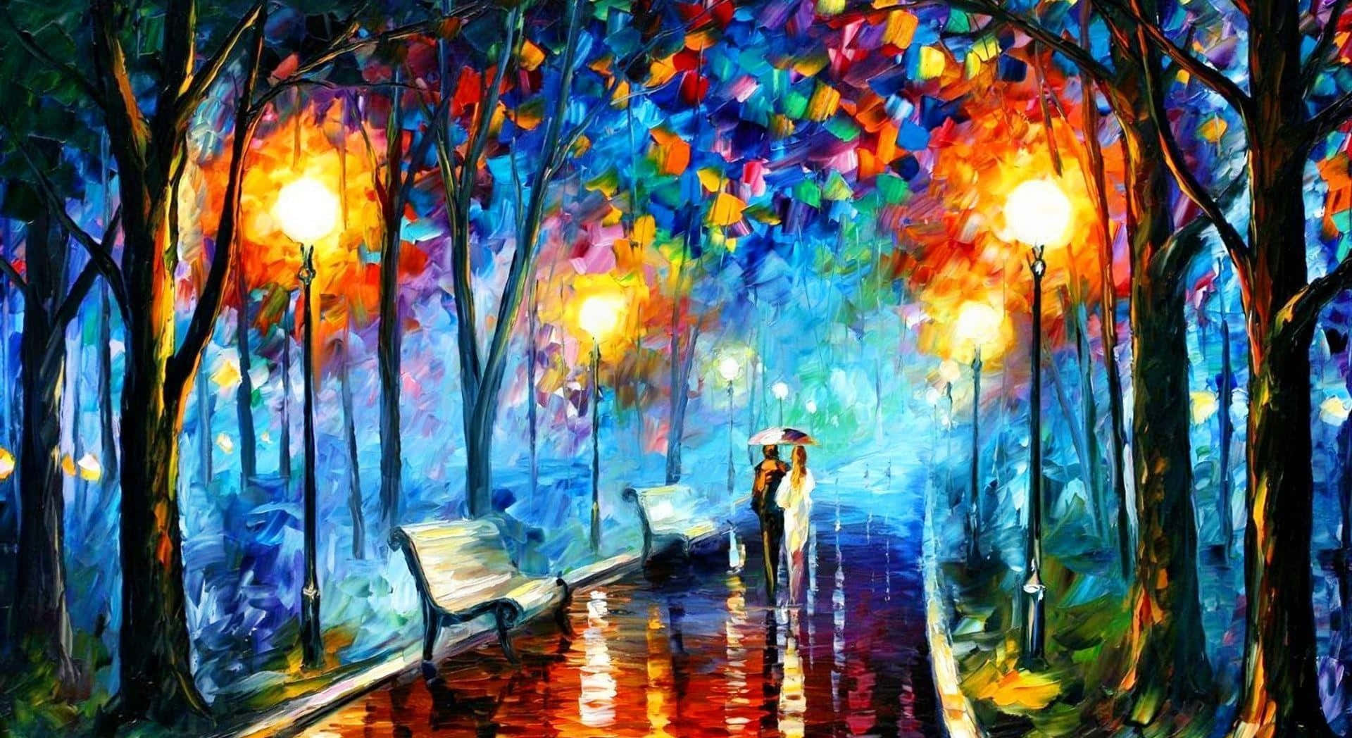 A Painting Of A Couple Walking In The Park Background
