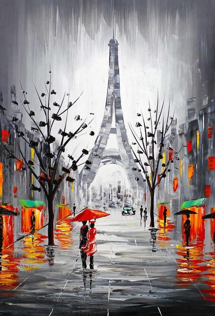 A Painting Of A Couple Walking In The Rain Near The Eiffel Tower Background