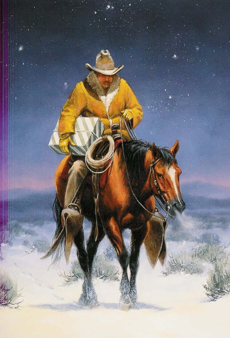 A Painting Of A Cowboy Riding A Horse In The Snow