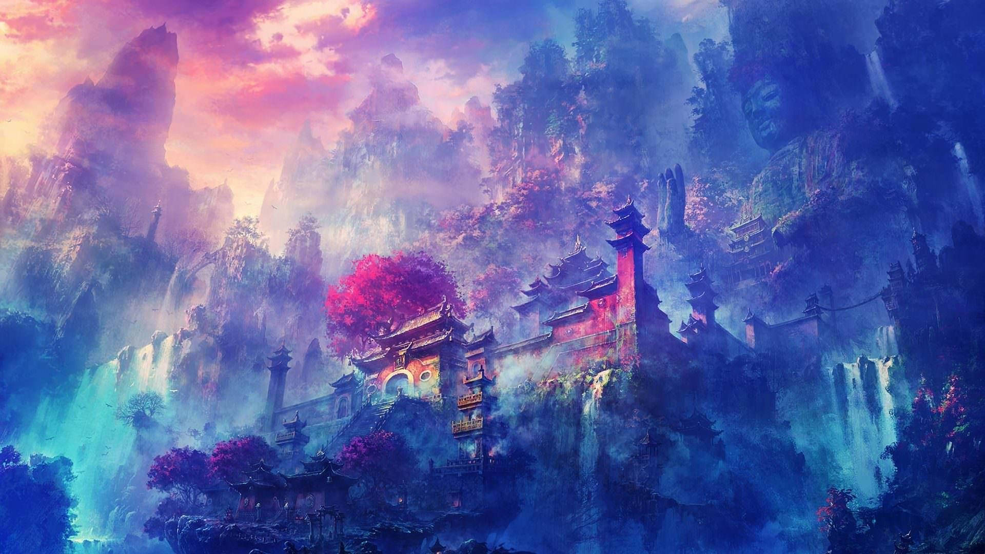 A Painting Of A Fantasy Castle In The Sky Background