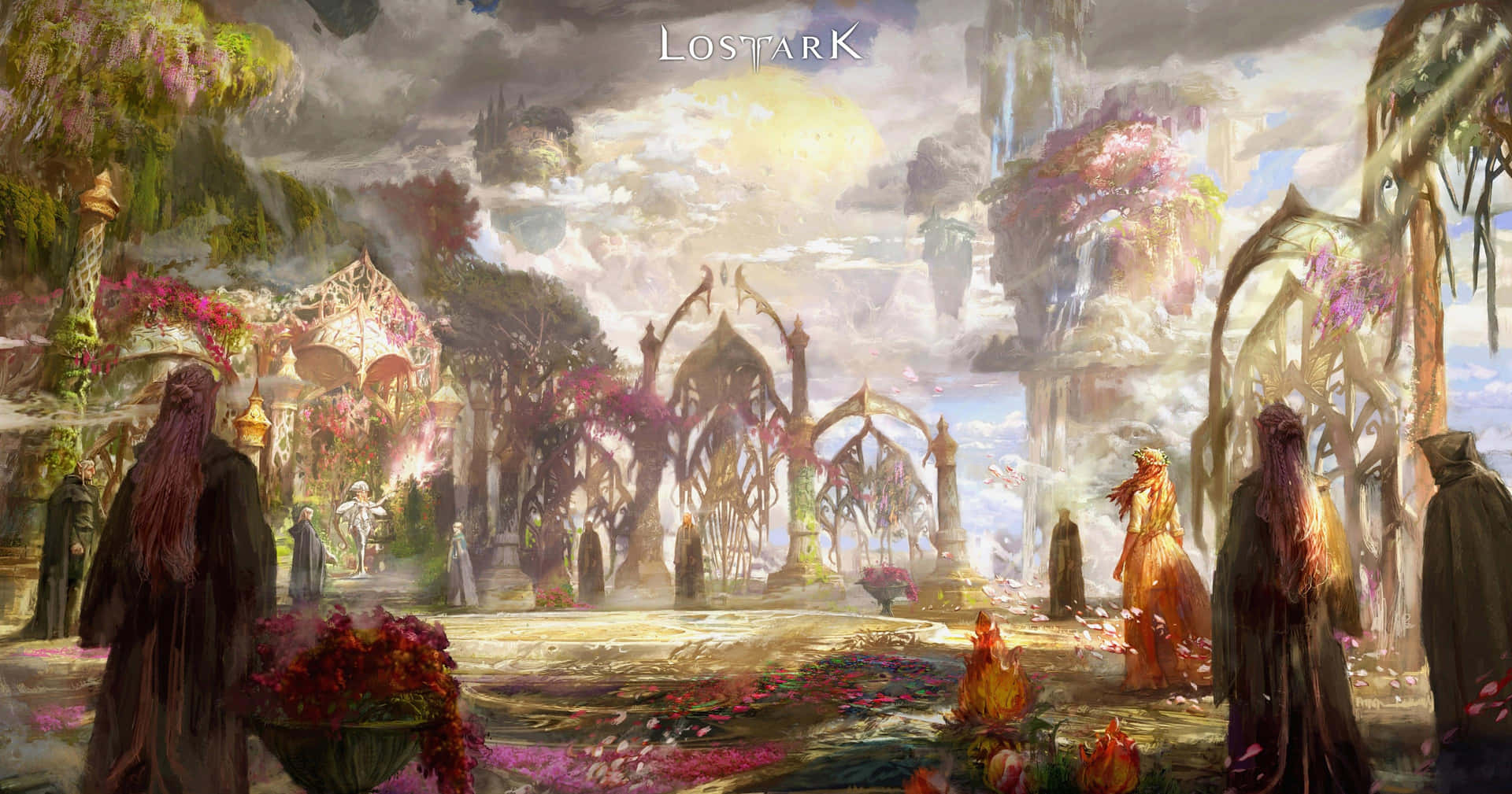 A Painting Of A Fantasy Scene With People Walking Around Background