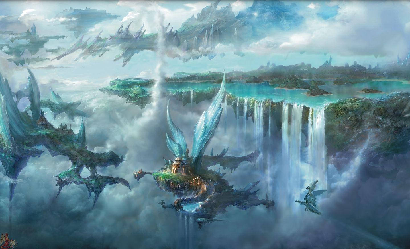 A Painting Of A Fantasy World With A Waterfall And Flying Creatures Background
