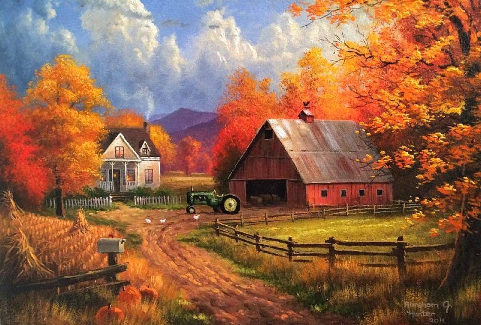 A Painting Of A Farm With A Red Barn And A Tractor Background