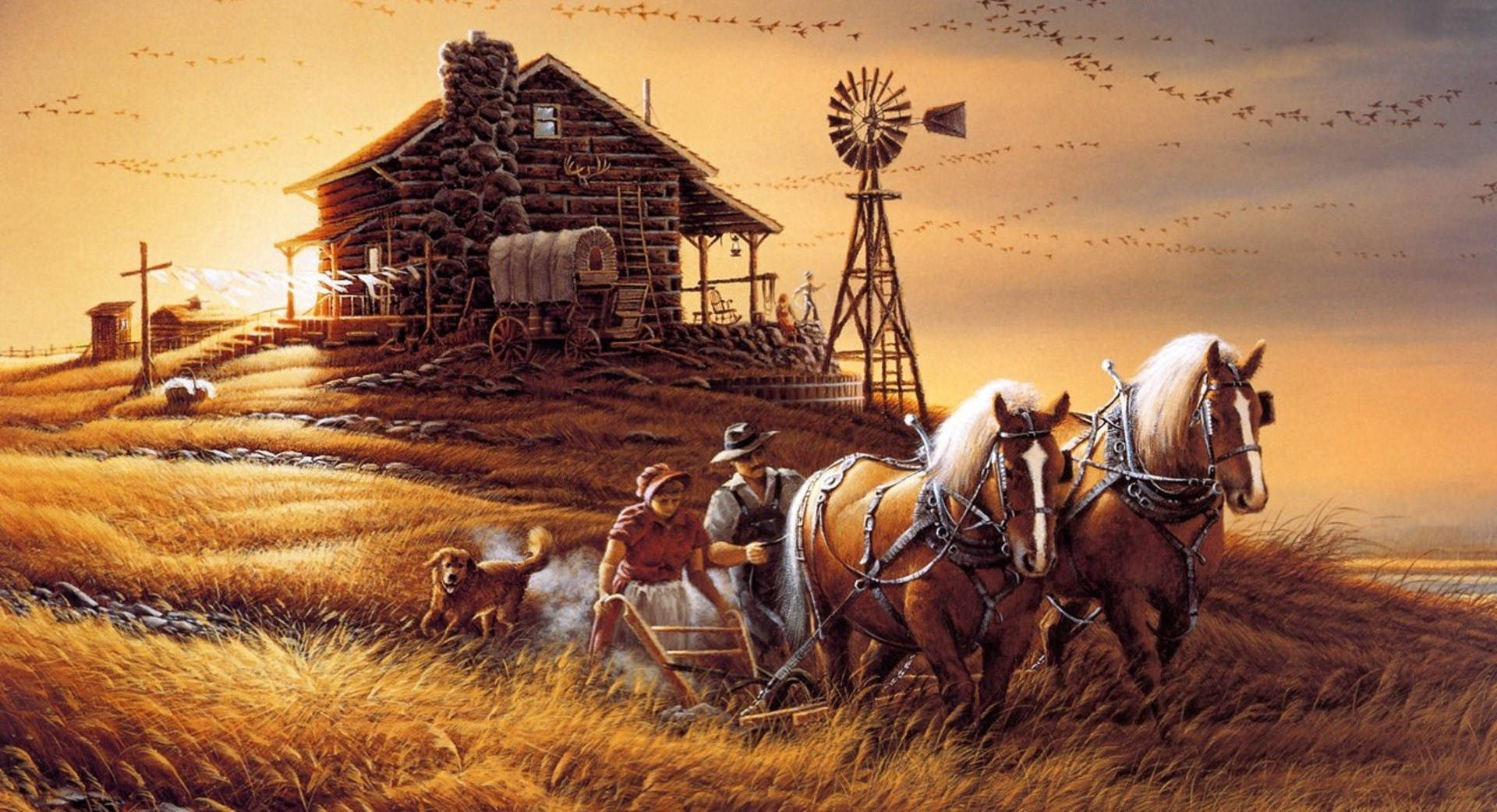 A Painting Of A Farm With Horses And Windmill Background