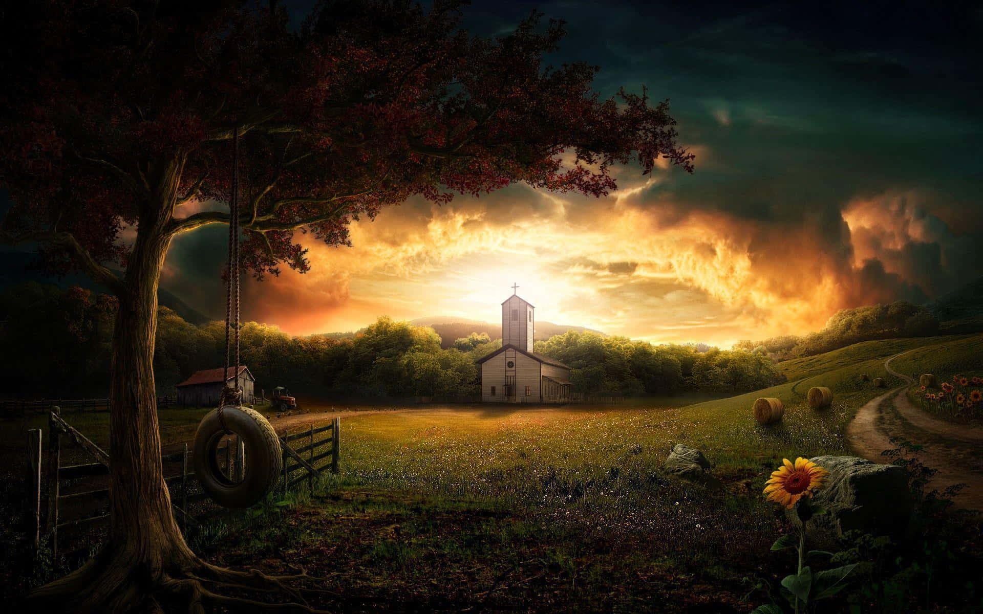 A Painting Of A Field With A Church And Sunflowers