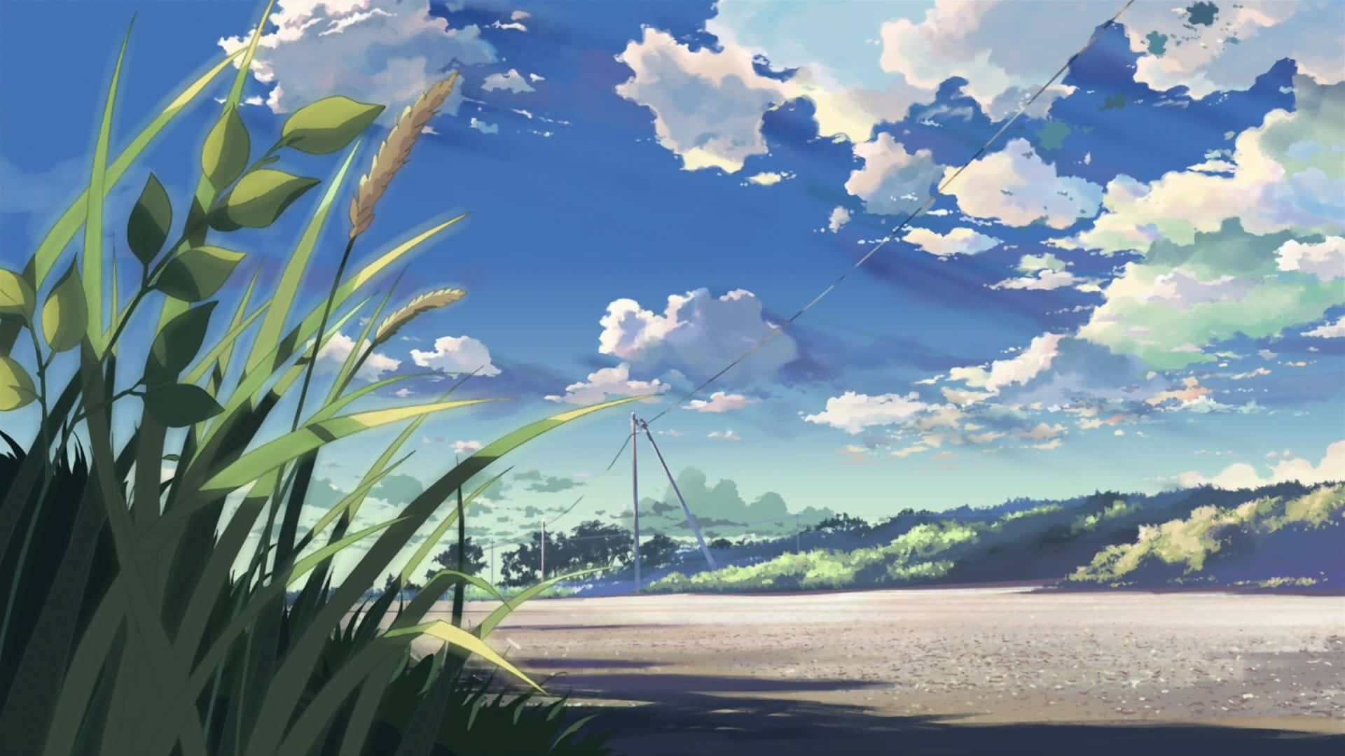 A Painting Of A Field With Grass And Clouds Background