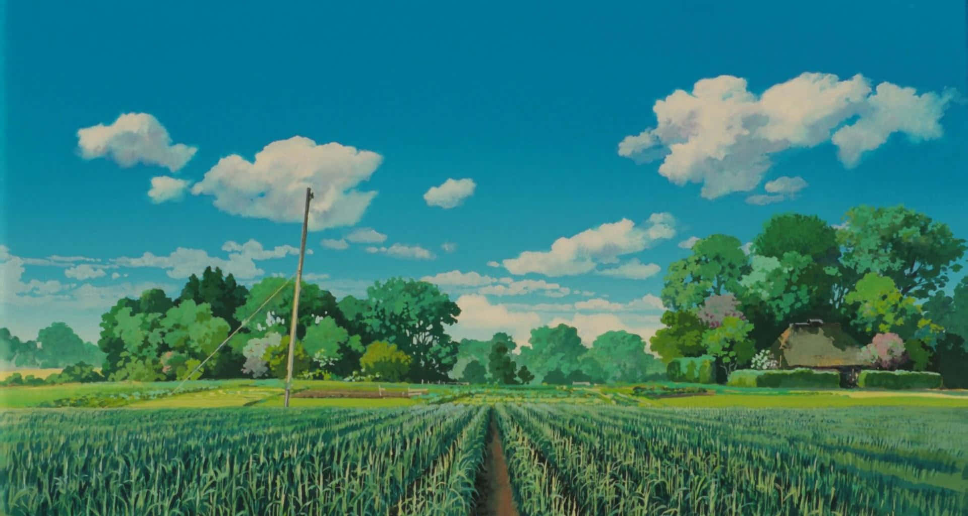 A Painting Of A Field With Trees And Clouds Background