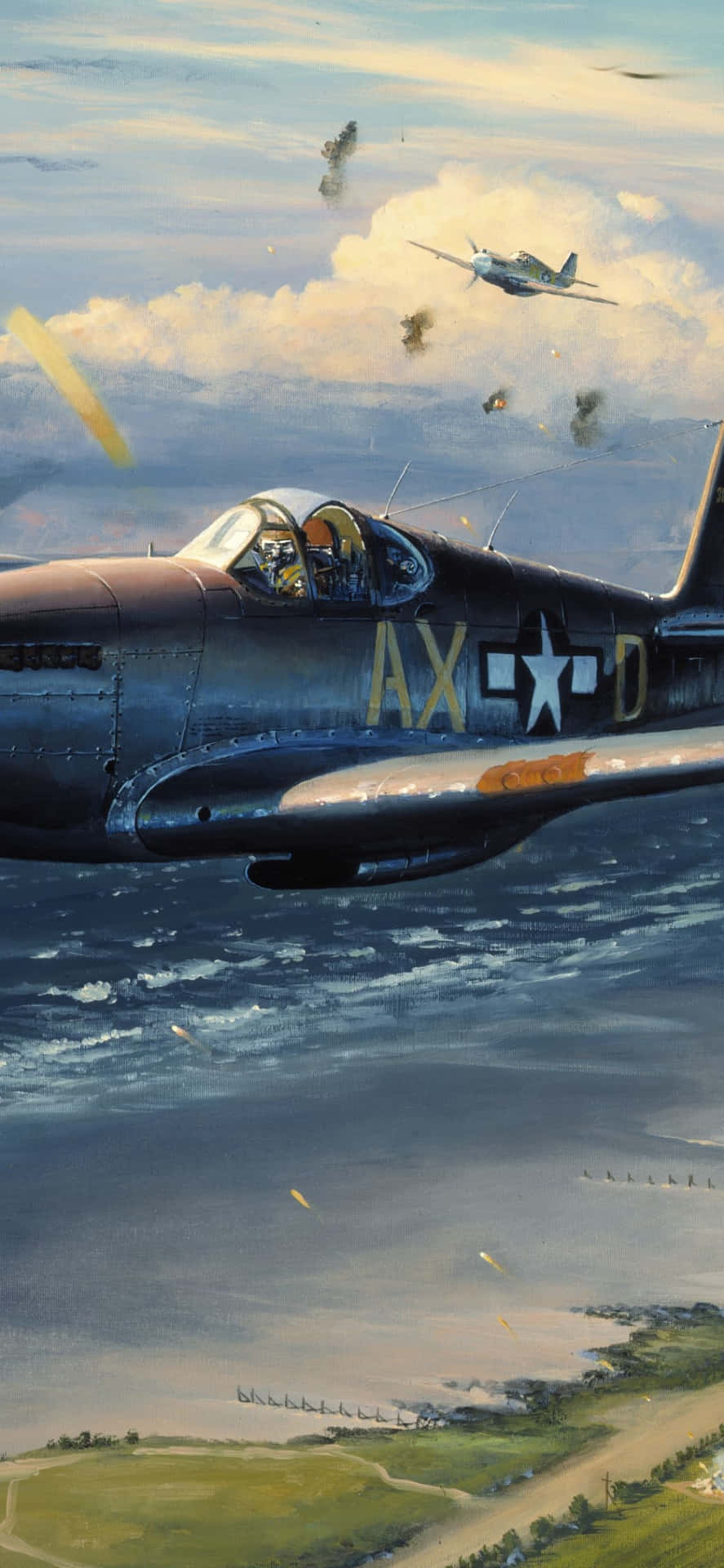 A Painting Of A Fighter Plane Flying Over The Ocean Background