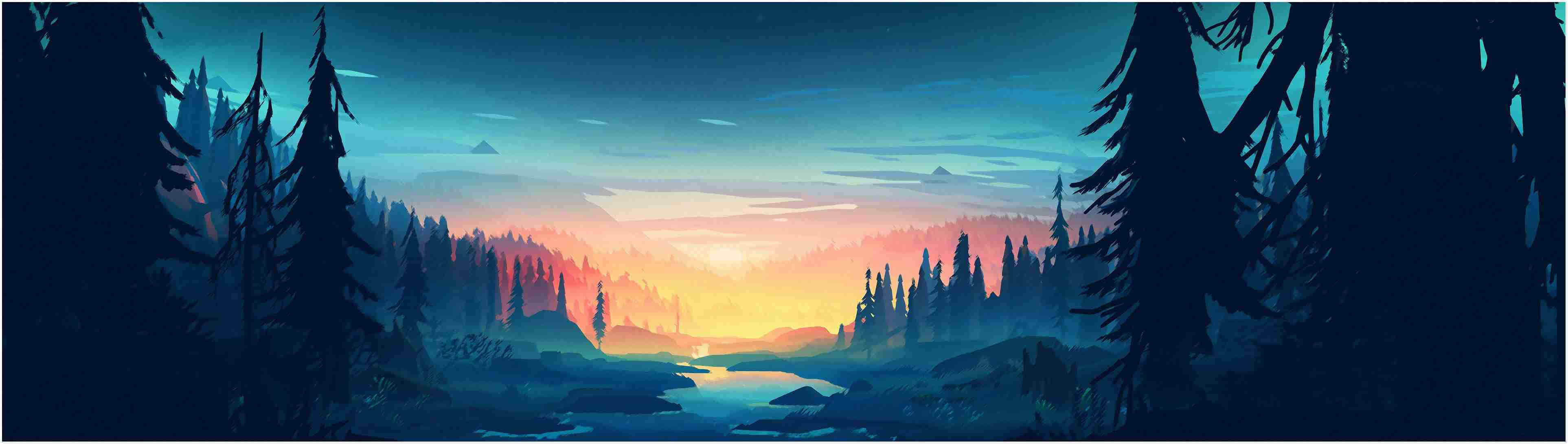 A Painting Of A Forest With A River In The Background Background