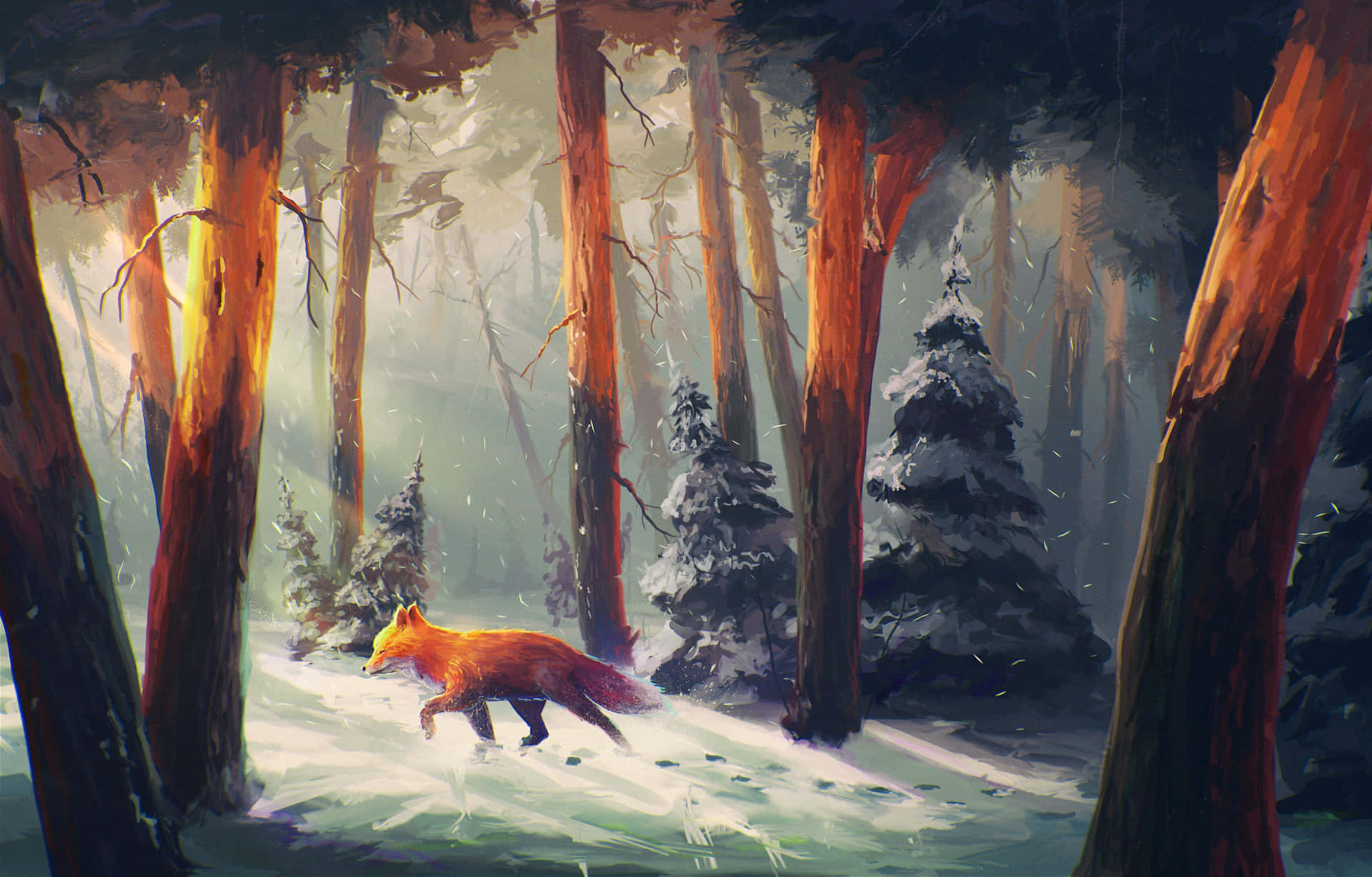A Painting Of A Fox In The Snow Background