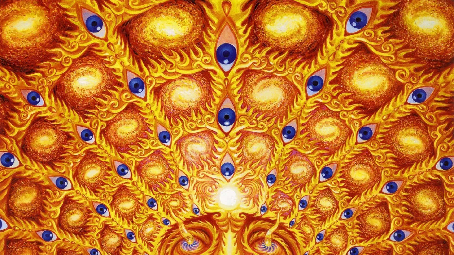A Painting Of A Golden Peacock With Blue Eyes Background