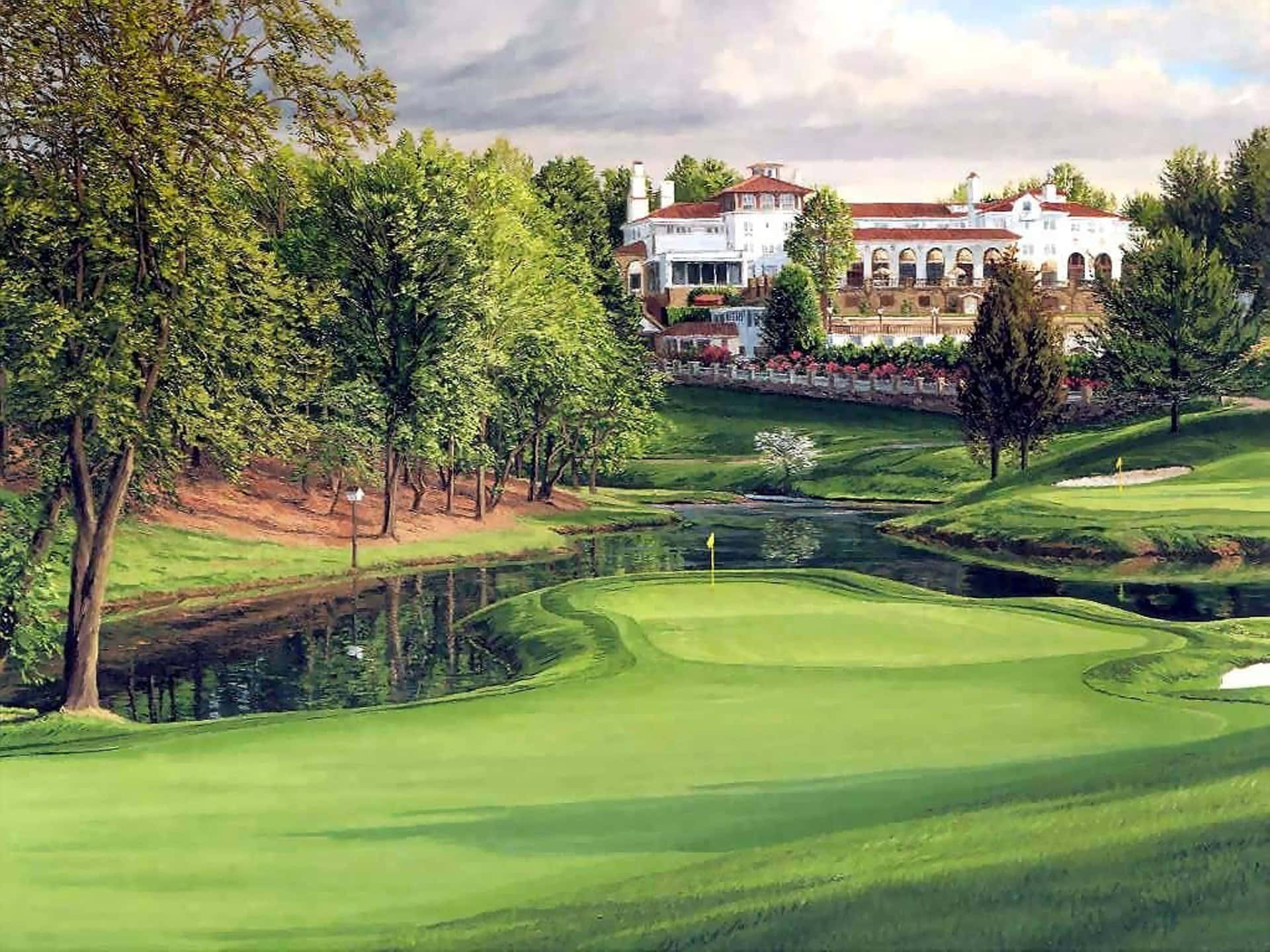 A Painting Of A Golf Course With Trees And A Pond Background