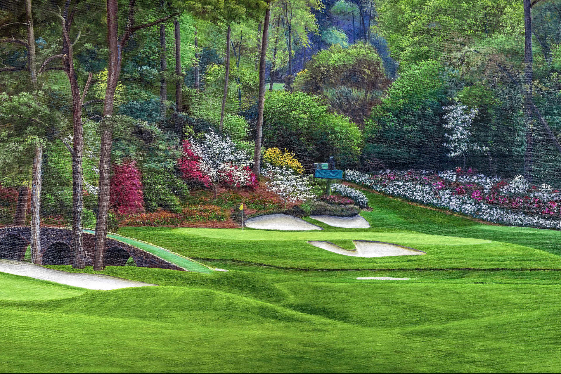 A Painting Of A Golf Course With Trees And Green Grass Background