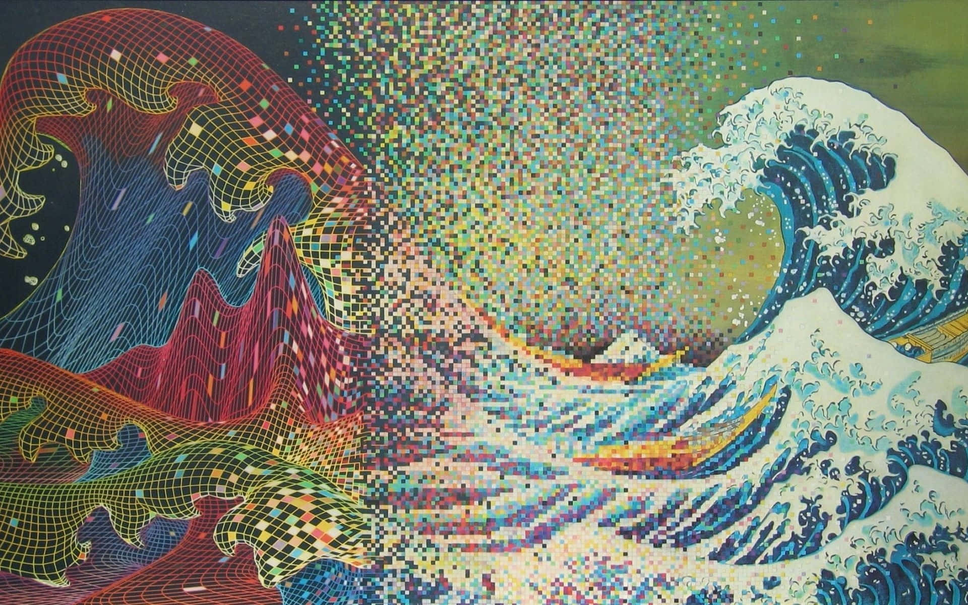 A Painting Of A Great Wave With Colorful Dots Background