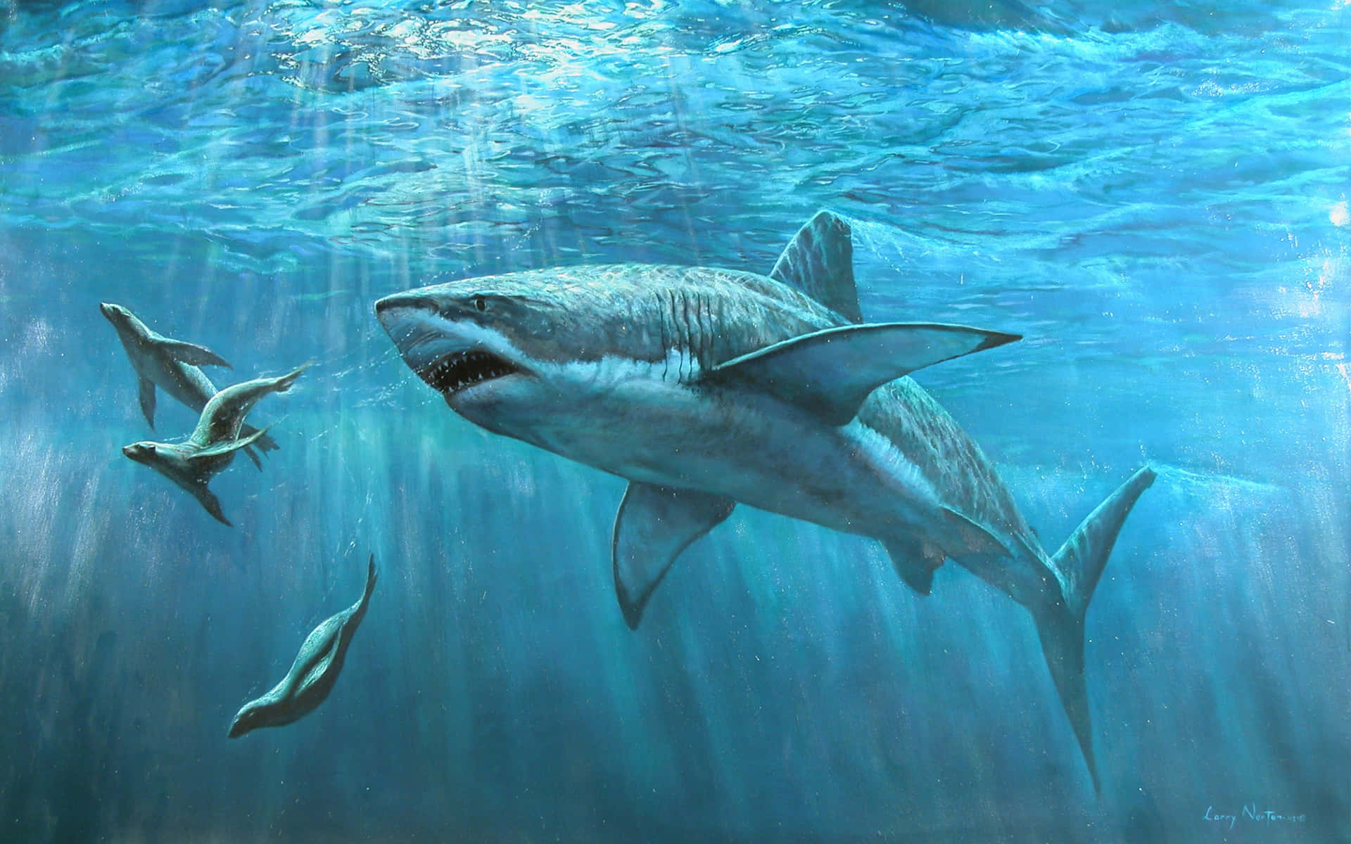 A Painting Of A Great White Shark And A Group Of Birds Background